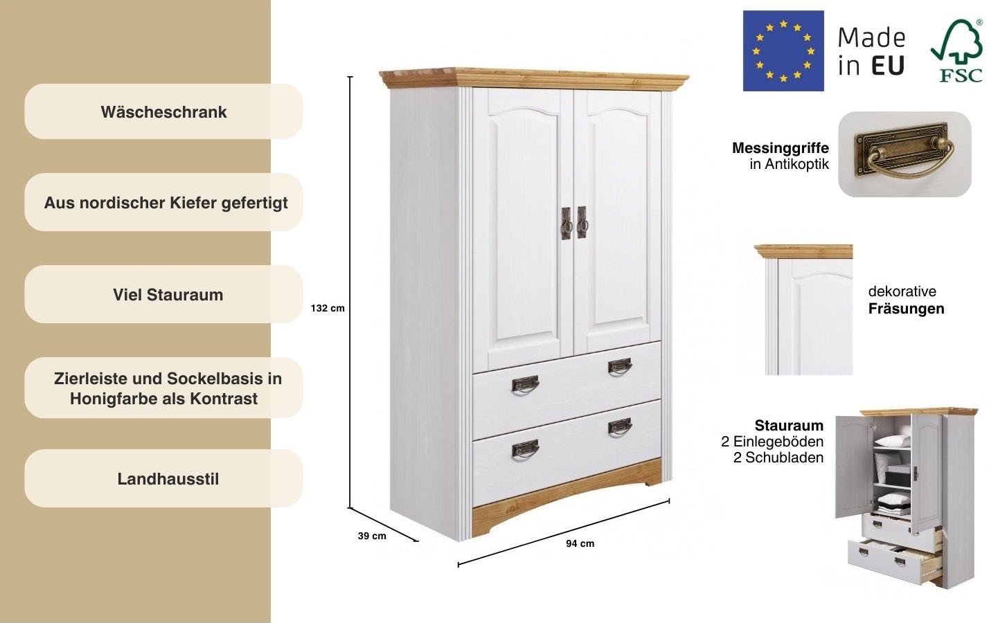 Home affaire Wäscheschrank »Konrad«, (2 Breiten: 94/133 cm H/T ca. 132/39 cm), aus massiver Kiefer, mit viel Stauraum