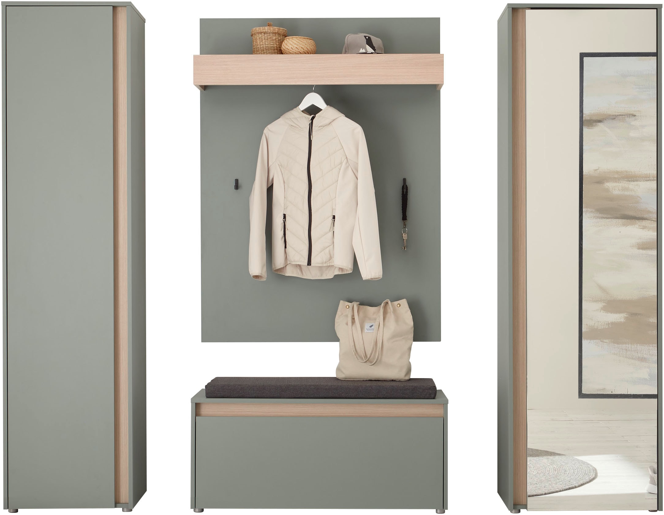 INOSIGN Garderoben-Set »GIRON/CiTY, moderne Garderobe, Komplettset mit viel Stauraum«, (Komplett-Set, 4 St.), enthält Garderobenschränke, Paneel & Schuhbank +Sitzkissen