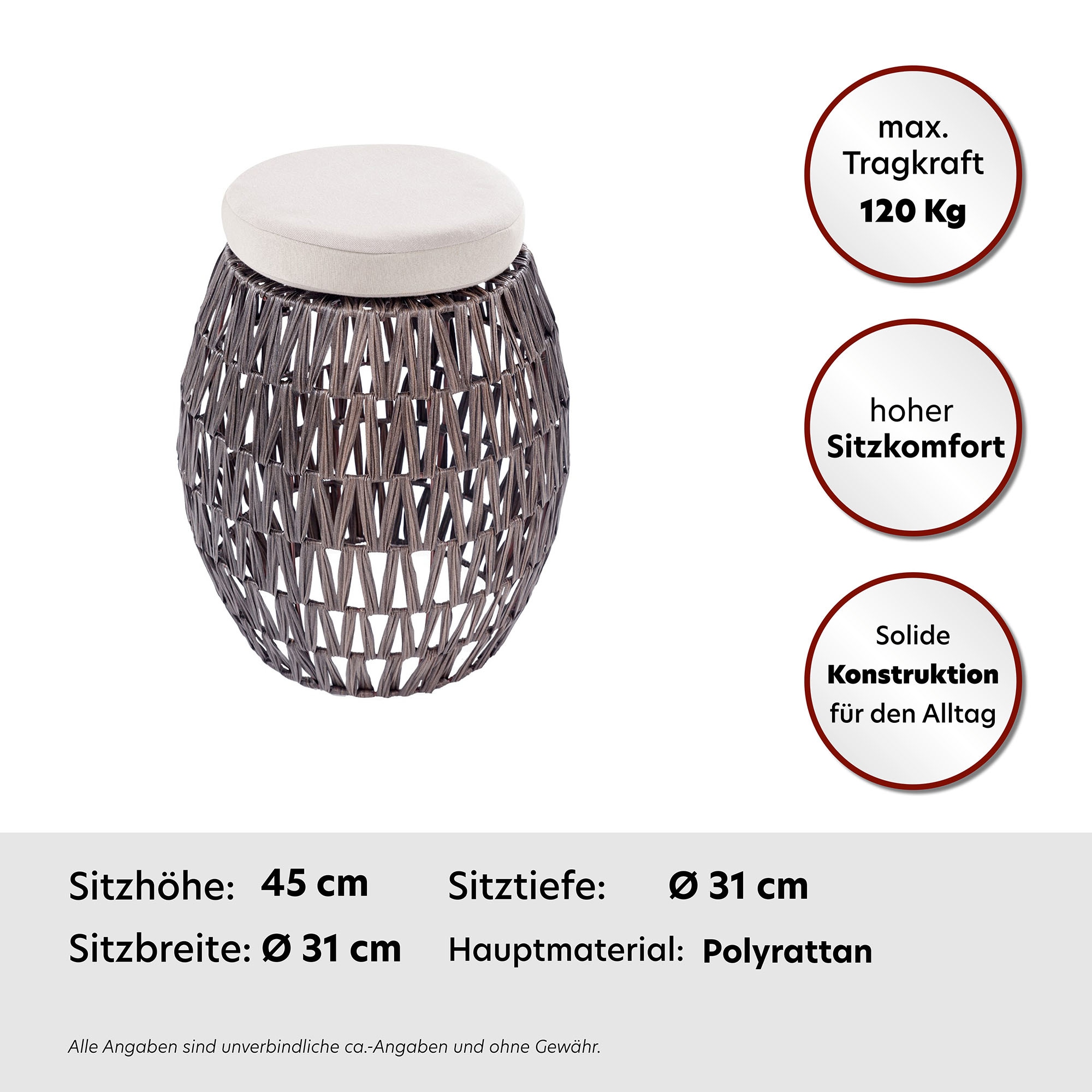 Kayoom Rattanstuhl »Stuhl / Hocker Alba Dunkelbraun, 2er-Set Rattan-Hocker, Bast-Optik«, 1 St., Unikat, in Handarbeit gefertigt, Sitzfläche mit dickem Kissen