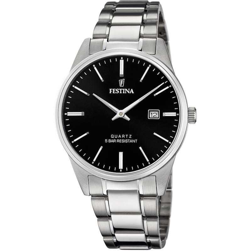 FESTINA Quarzuhr Armbanduhr, Herrenuhr, Damenuhr, Edelstahlarmband, Datum silberfarben-schwarz Zeitlose Uhr für Sie & Ihn