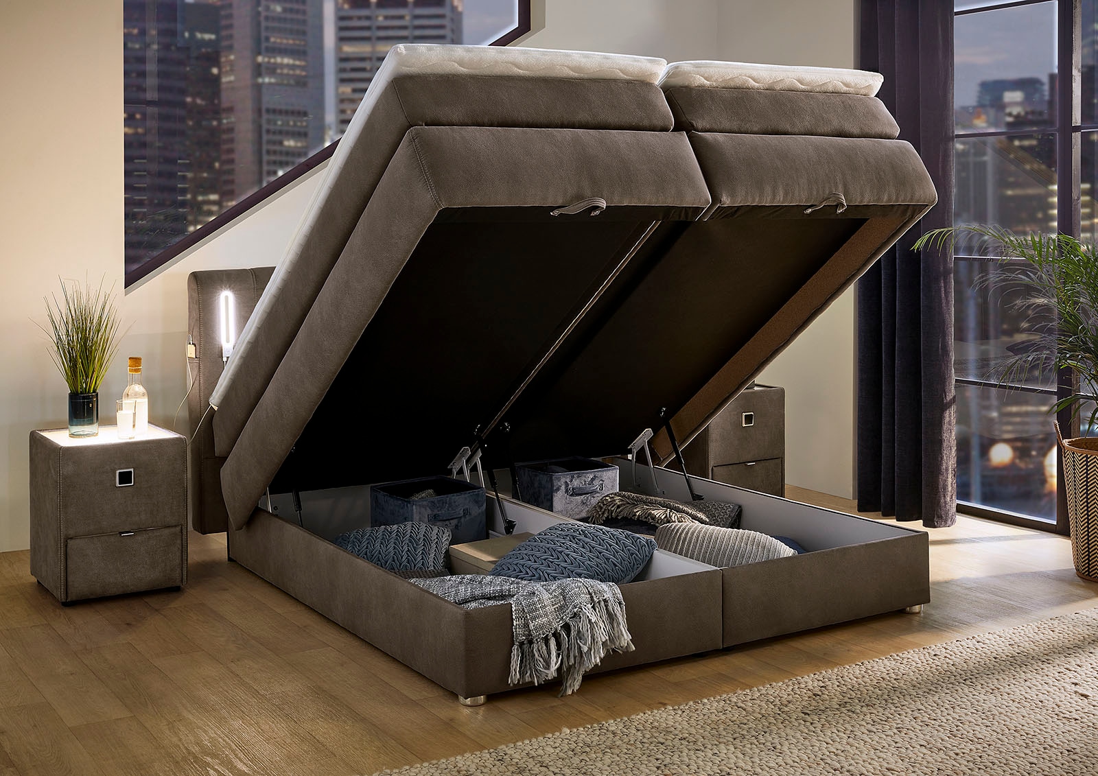 Jockenhöfer Gruppe Boxspringbett Kati, mit Topper, Bettkasten, dimmbare LED-Beleuchtung und USB Ladeport