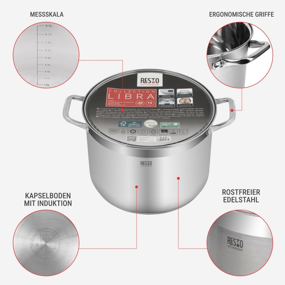 RESTO Kitchenware Kochtopf »Libra, Universaltopf energiesparend und spülmaschinenfest«, Edelstahl 18/10, (2 tlg.), Induktion, für alle Herdarten geeignet mit hitzebeständigem Glasdeckel