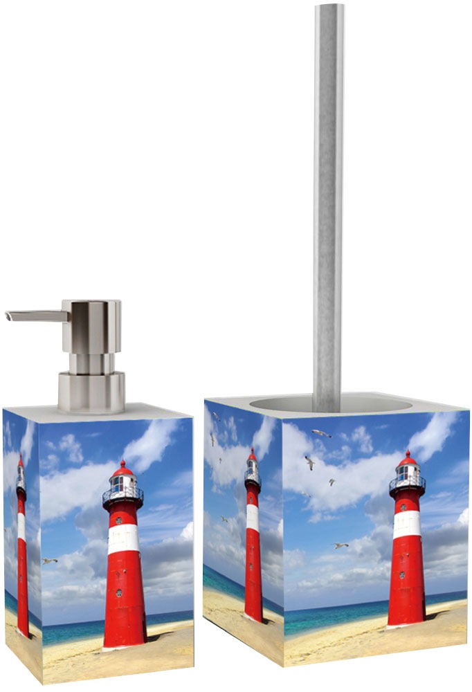 Sanilo Badaccessoire-Set »Leuchtturm« WC-Sitz, Badteppich, Stöpsel, Seifenspender und WC-Bürste