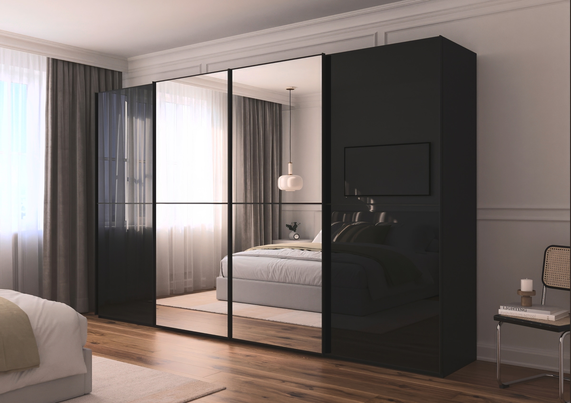 rauch Schwebetürenschrank »Kleiderschrank Schrank Garderobe Schlafzimmerschrank SCALE-DUO«, edle zweigeteilte Türen Spiegel/Glas-Mix 3 Zierleisten MADE IN GERMANY