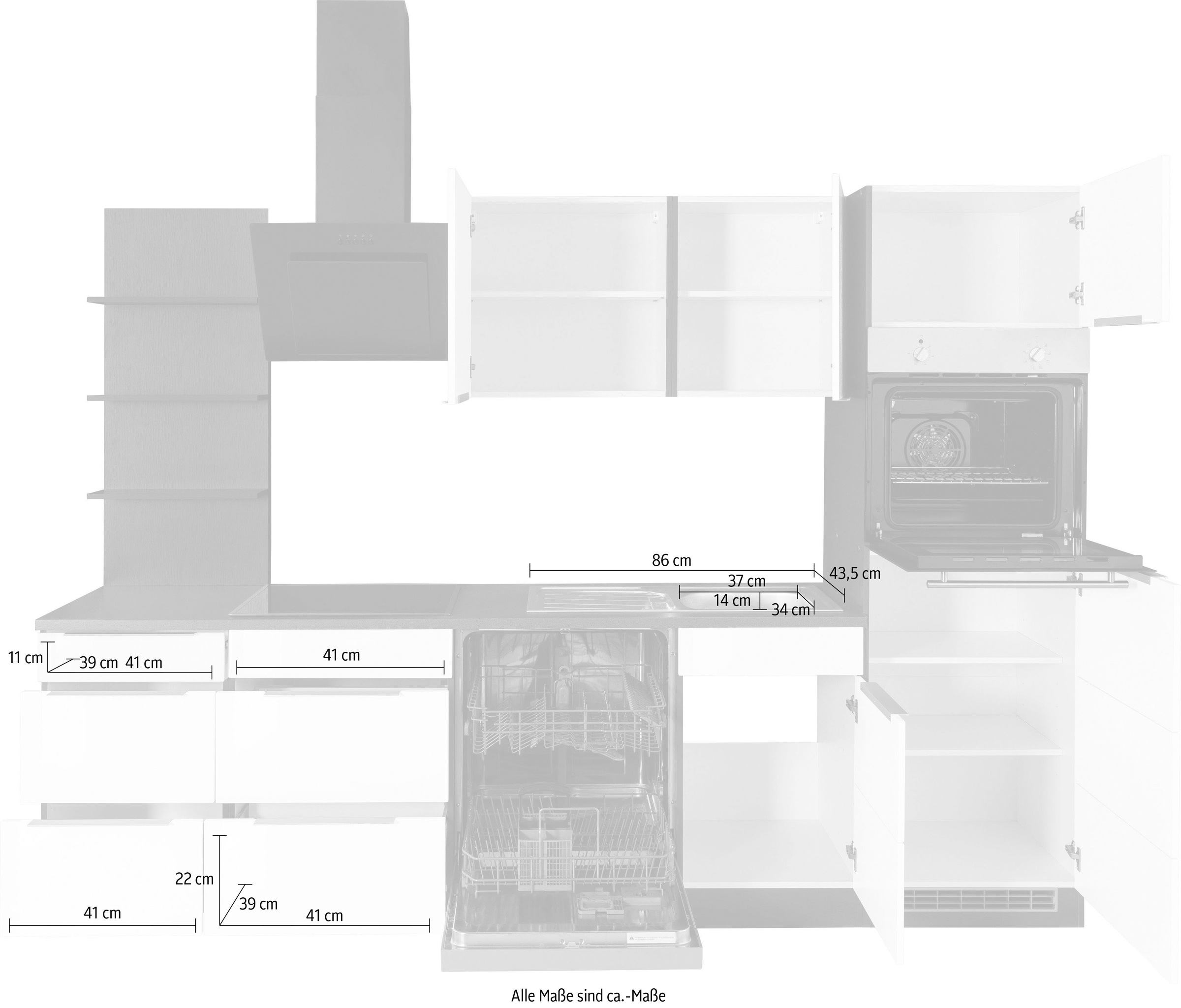 KOCHSTATION Küchenzeile »KS-Brindisi Breite 280 cm«, wahlweise mit E-Geräten und Induktion, mit MDF-Fronten und Regal