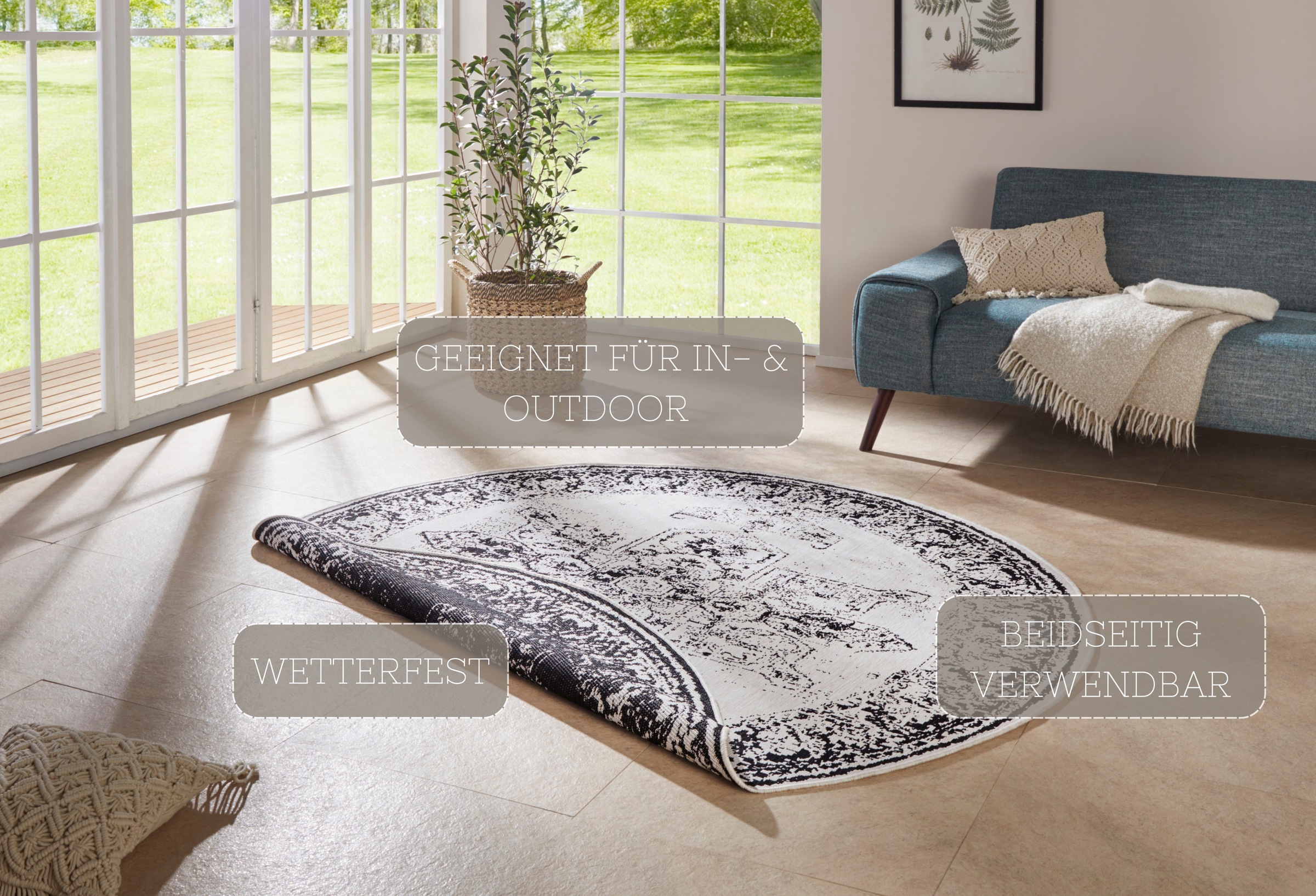 NORTHRUGS Teppich »Borbon Wendeteppich«, rund, 5 mm Höhe, In-& Outdoor, Wetterfest, Balkon, Garten, Wohnzimmer, Wasserfest