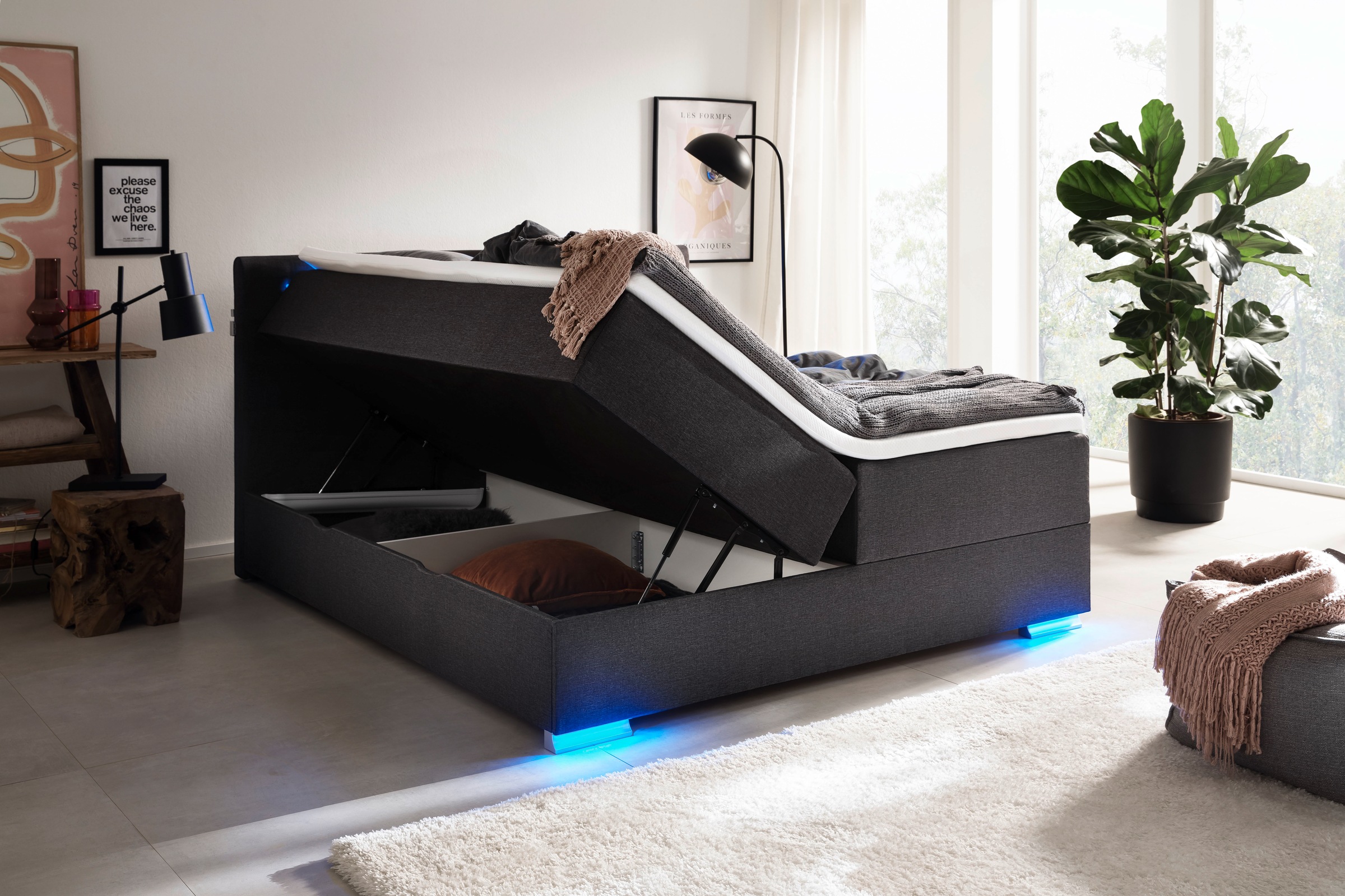 meise.möbel Boxspringbett »Las Vegas«, Füße und Kopfteil mit LED-Beleuchtung, mit Bettkasten und Topper