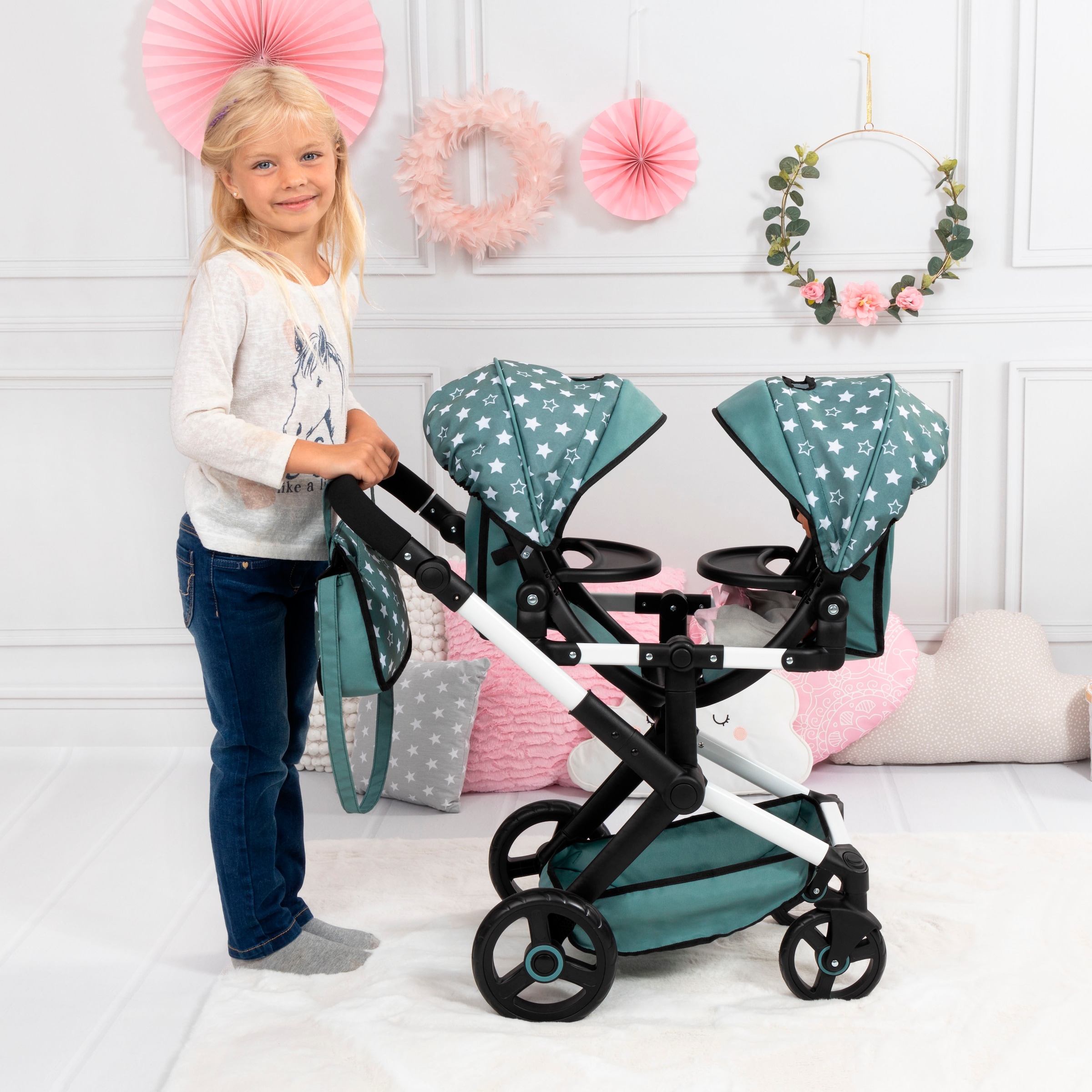 Bayer Puppen-Zwillingsbuggy »Xeo Twin grün«, mit Wickeltasche