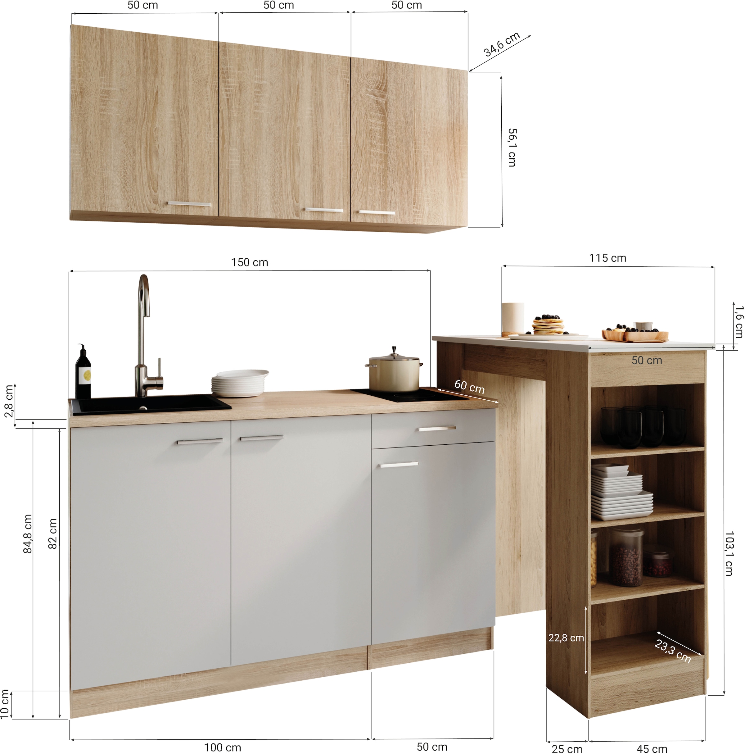 RESPEKTA Pantryküche »Ingrid, inkl. Tresentisch und Mikrowelle« zerlegt, wahlweise mit Kühlschrank, Soft-Close-Funktion, Breite 150 cm