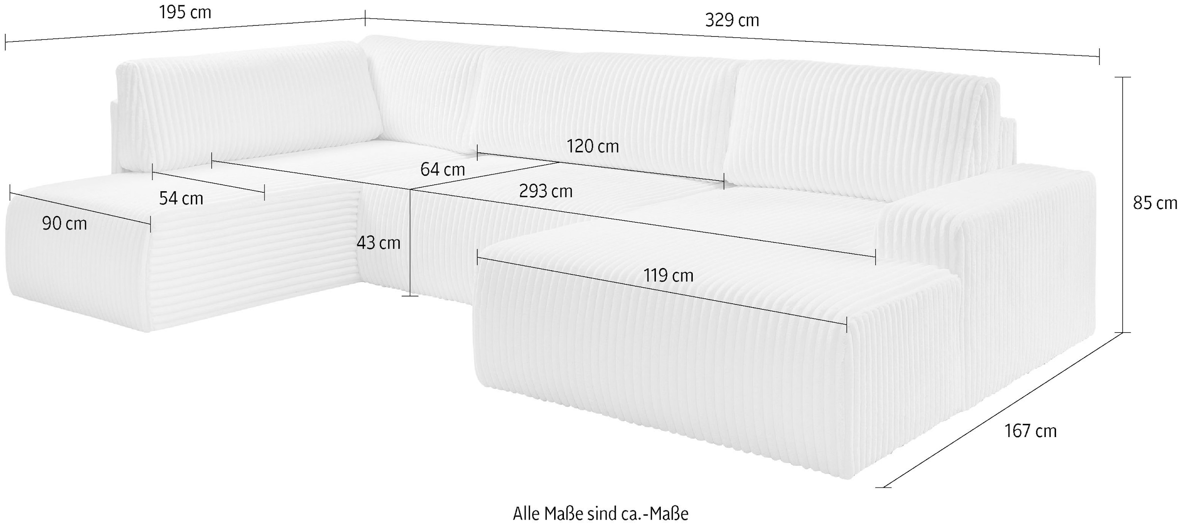 WERK2 Wohnlandschaft »Rotterdam 325 x 190 cm mit Bett und Bettkasten, bequem, viel Platz« Cord, U-Form, XXL, Schlaffunktion, Bettkasten