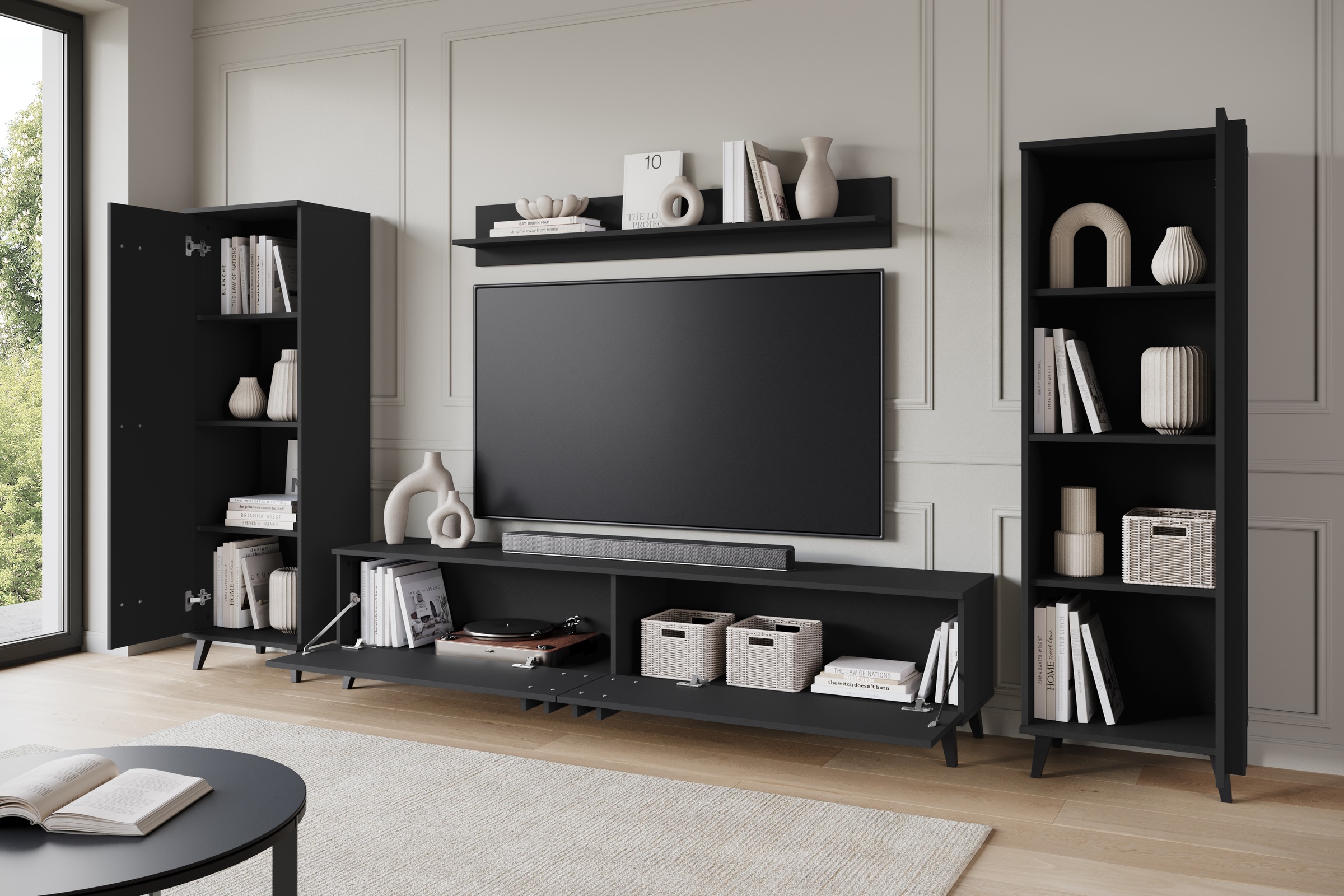 INOSIGN Wohnwand »Helsinki, Modernes Möbelset«, (Komplett-Set, 4 St.), mit lamellengriffen, verstellbaren Einlegeböden und Kunststofffüßen