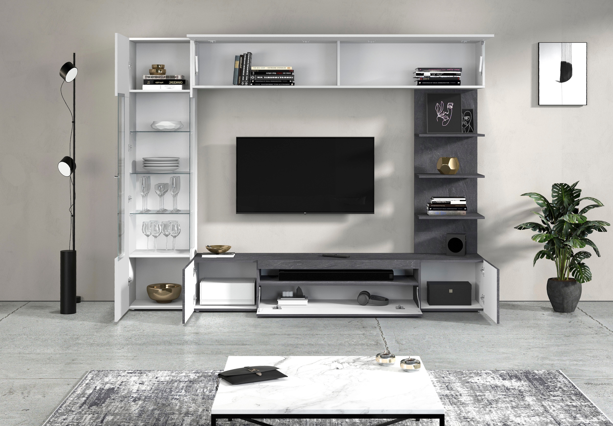 OTTO home Wohnwand »Wohnwand New Egypt, Anbauwand, Medienwand, Wohnzimmerwand« Weiß in Hochglanz, alle anderen Farben in matter Ausführung., 4 Stk. tlg.