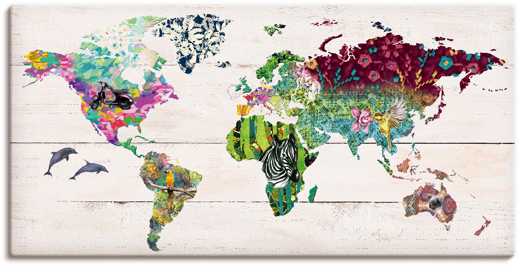 Artland Wandbild »Bunte Welt auf hölzernem Untergrund«, Landkarten, (1 St.) günstig online kaufen