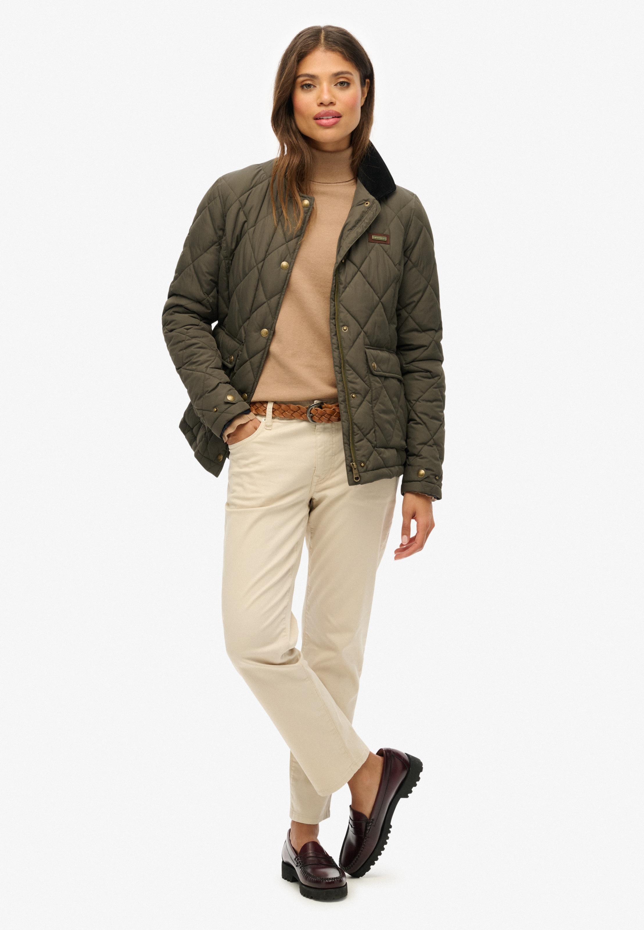 Superdry Steppjacke »CORD TRIMMED LINER JACKET« ohne Kapuze Slim Fit, mit Blusenkragen, aus Polyester