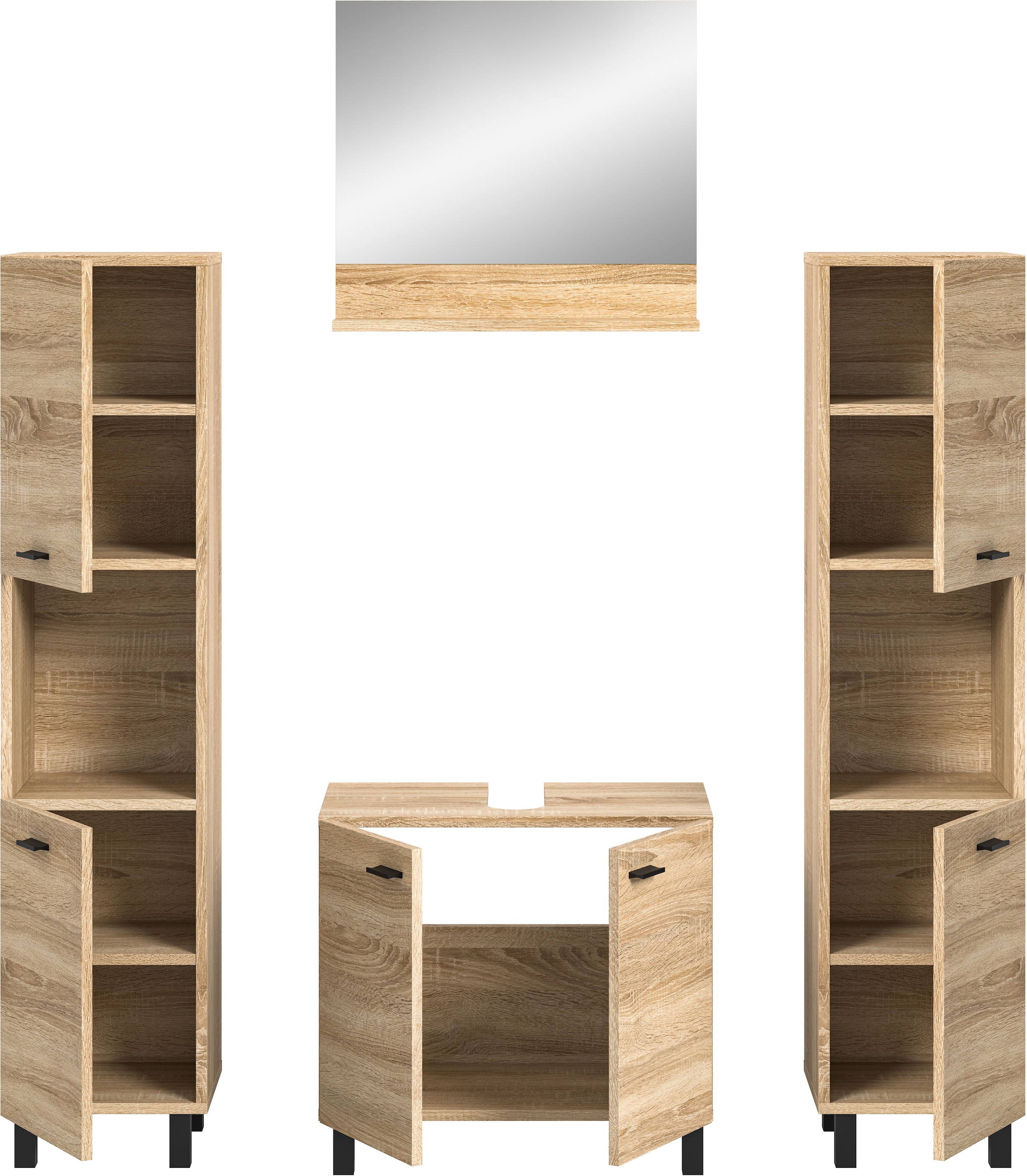 welltime Badmöbel-Set »Tampa, Breite 137cm, 4-teilig«, (4 St.), Waschbeckenunterschrank, Spiegel, Hochschrank