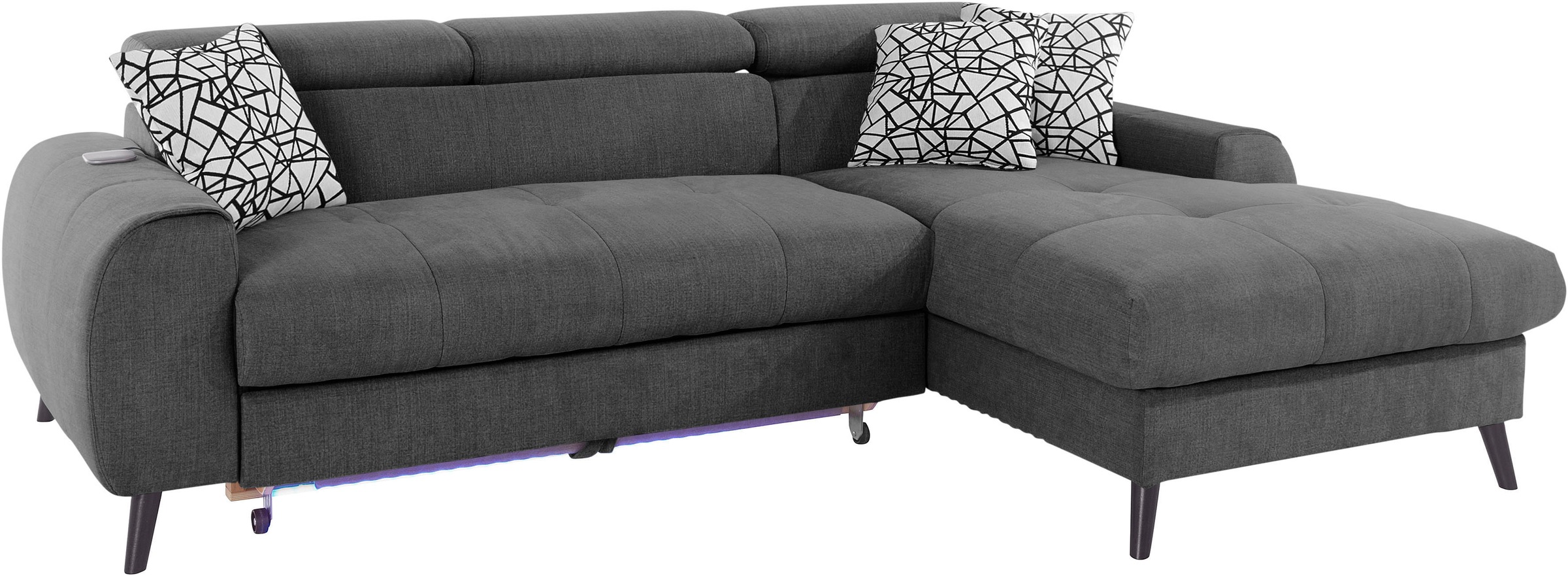 COTTA Ecksofa »Mia L-Form mit 3 Zierkissen«, wahlweise mit Bettfunktion, Bettkasten, Beleuchtung & Wireless-Charger