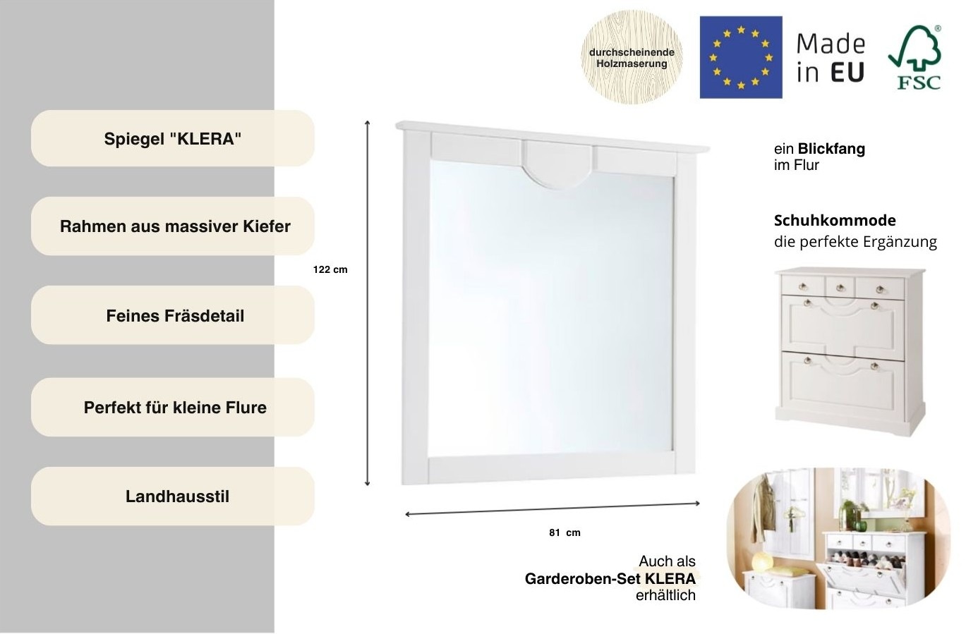 Home affaire Spiegel »Klera«, Breite 81 cm, aus massiver Kiefer, FSC®-zertifiziert