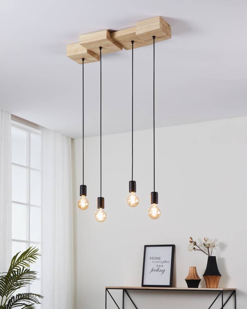 EGLO Hängeleuchte »HALKIN«, 4 flammig, Leuchtmittel E27 | ohne Leuchtmittel, Pendelleuchte, Holz in Natur und Metall in Schwarz, FSC100HB, E27