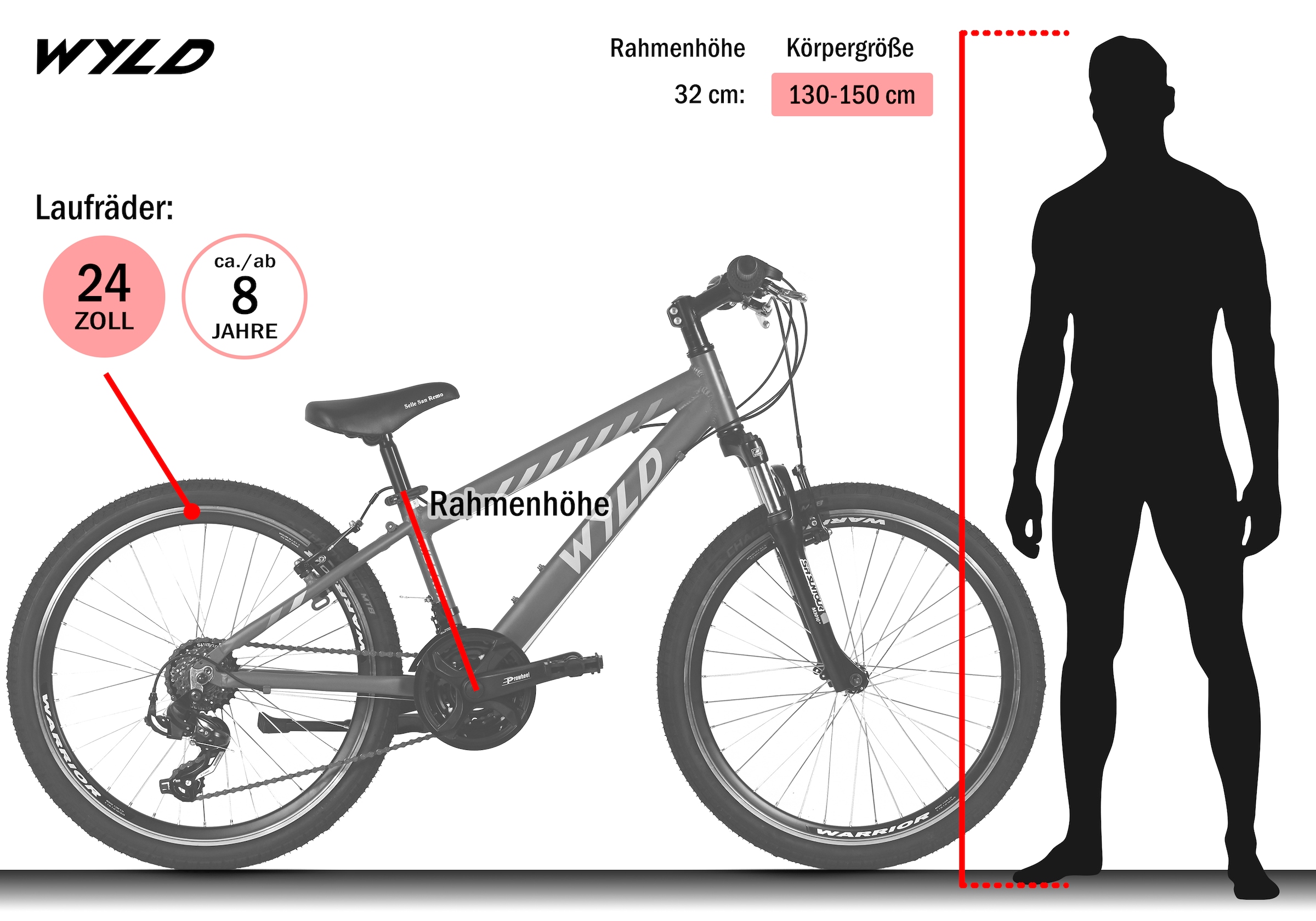 WYLD Kinderfahrrad »Mistral Grau 18 Gänge RH 32 cm - Ab 8 Jahre« 18 Gang Kettenschaltung