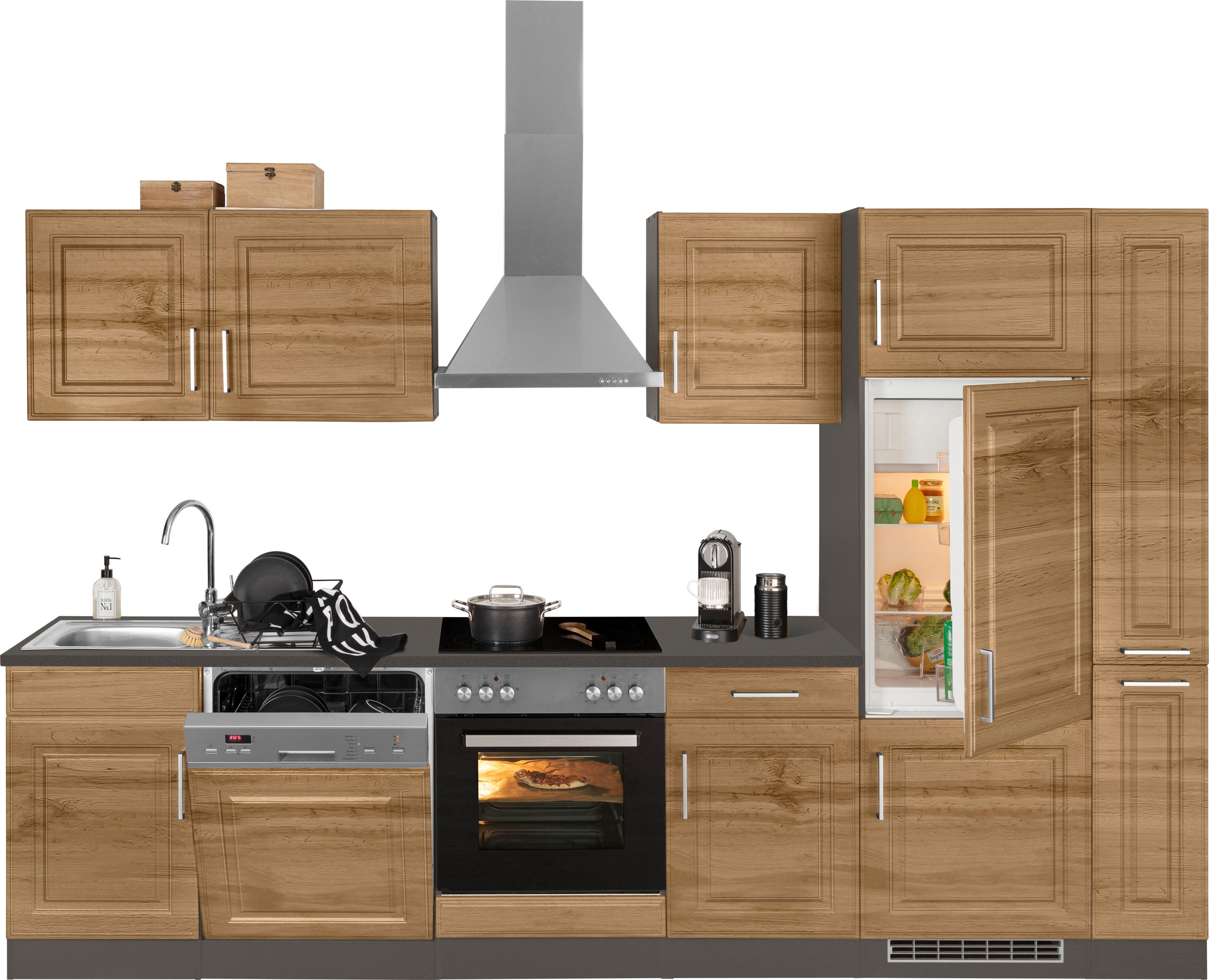 KOCHSTATION Küchenzeile »KS-Stockholm« Breite 310 cm, mit hochwertigen MDF Fronten im Landhaus-Stil