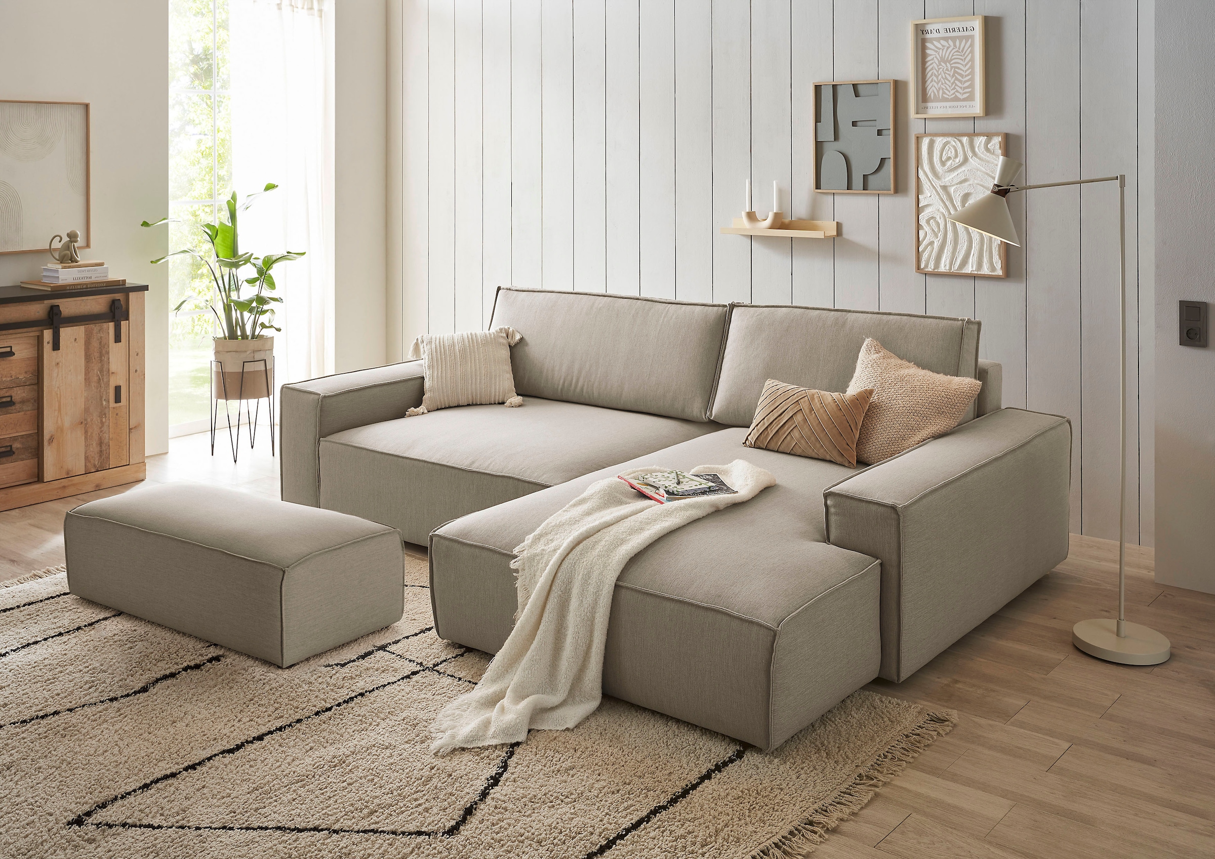 Home affaire Polsterecke »NEU: SHERWOOD XXL tief, L-Form mit Schlaffunktion, Big-Sofa mit Hocker« stellbar zum Schlafsofa (Krokodilverbinder), Cord, Leinenoptik,