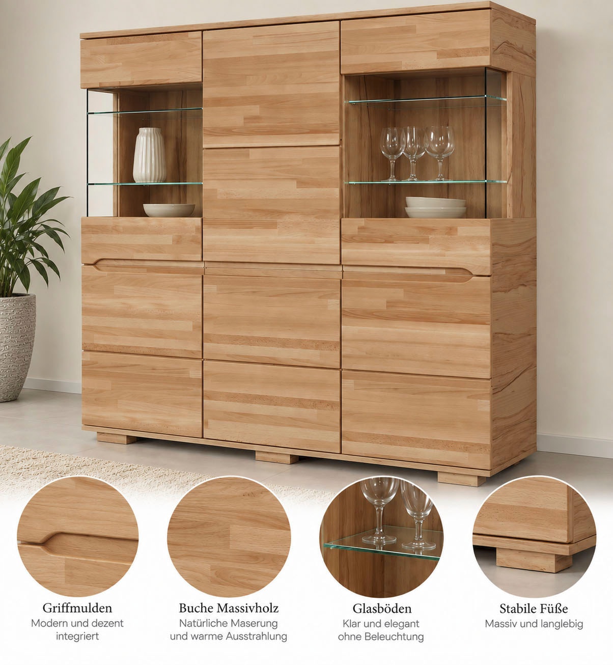 OTTO home Highboard »VETRO Teilmassiv, Fronten Massivholz, Wohnzimmer, Stauraum,Griffmulde« B/T/H:150/40/1445,5cm, 15geschlossene Fächer,verstellbare Einlegeboden