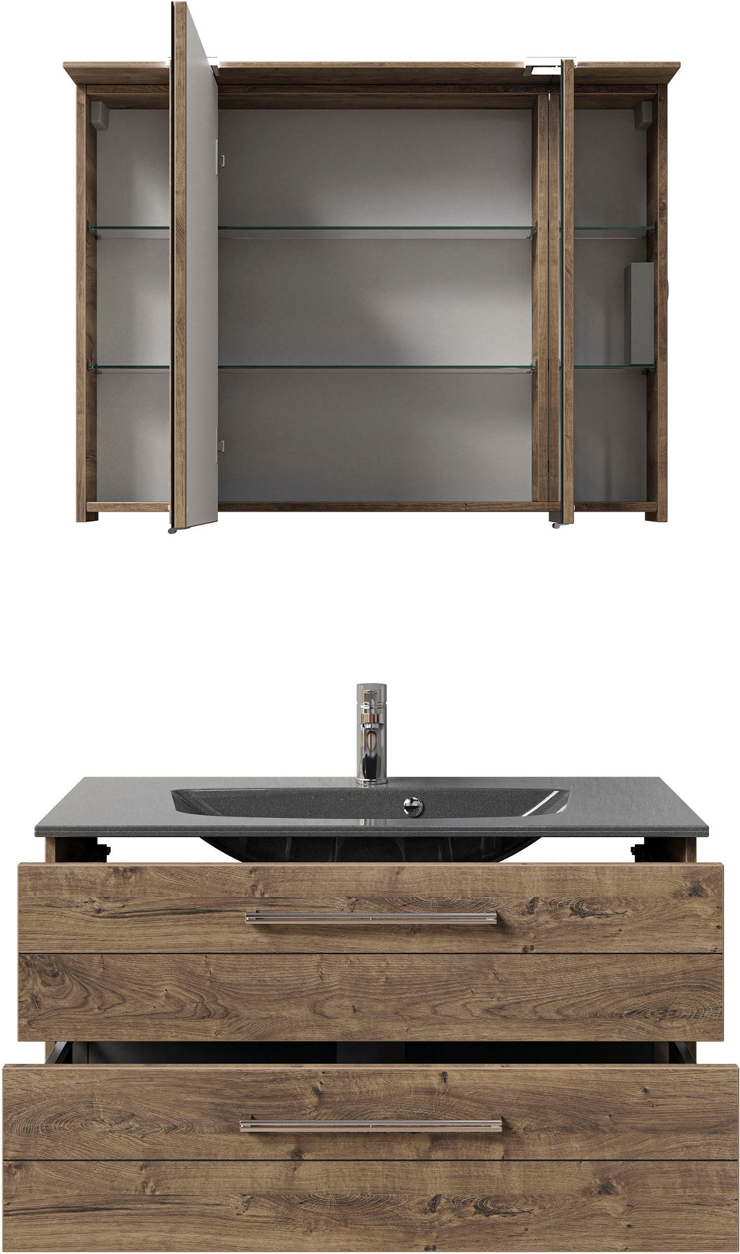 Saphir Badmöbel-Set »Serie 6025 2-teilig Mineralmarmor-Waschtisch mit LED-Spiegelschrank«, (2 St.), Waschplatz 97 cm breit, 2 Schubladen, 3 Spiegel-Türen, inkl Türdämpfer