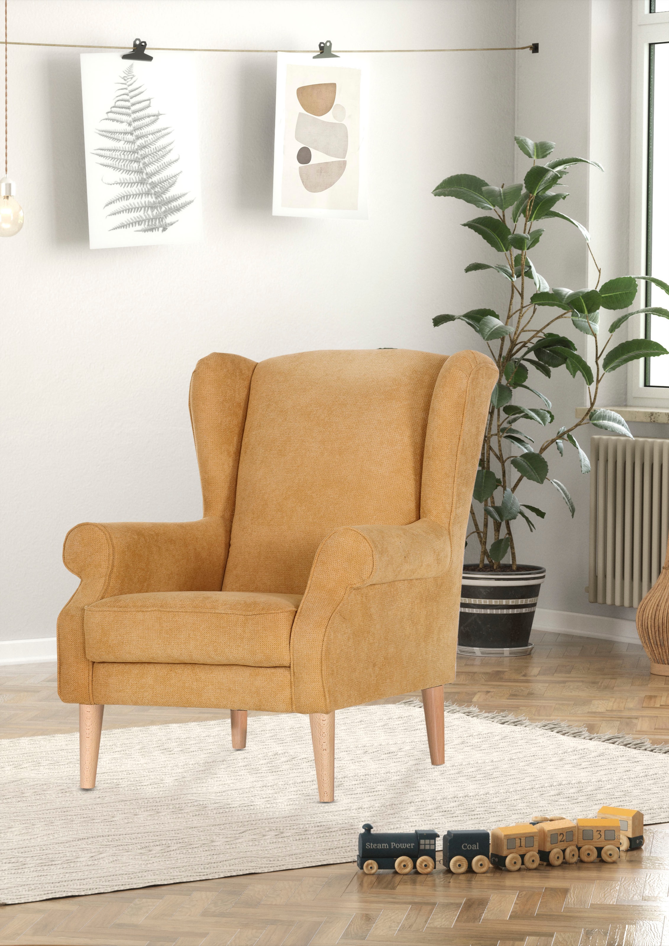 Ohrensessel, gelb/rosé/hellblau Flachgewebe