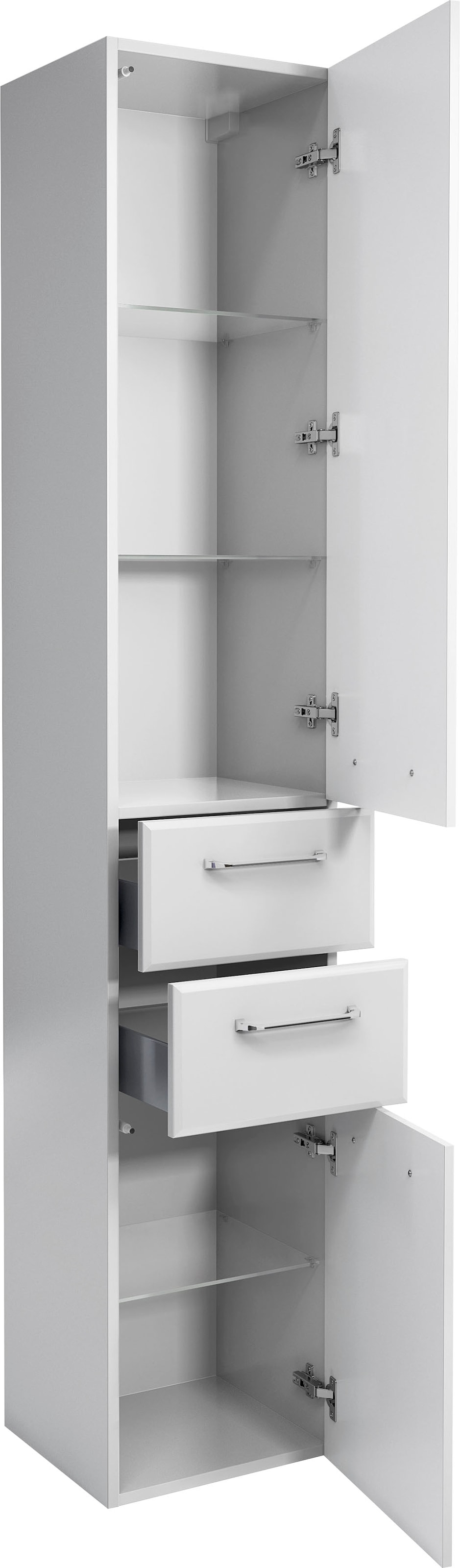 Saphir Hochschrank »Quickset Badschrank 35 cm breit, 2 Türen, 2 Schubladen, 3 Einlegeböden«, Badezimmer-Hochschrank inkl. Türdämpfer, Griffe in Chrom glänzend