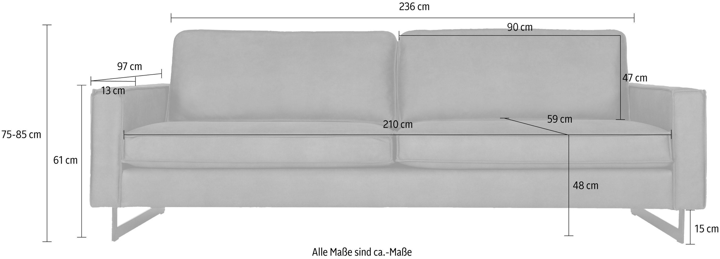 Places of Style 3-Sitzer »Maxi-Ausführung Pinto, 236 cm, Cord, Chenille, Lederoptik«, mit Keder, schwarze Metallfüße, Wellenunterfederung