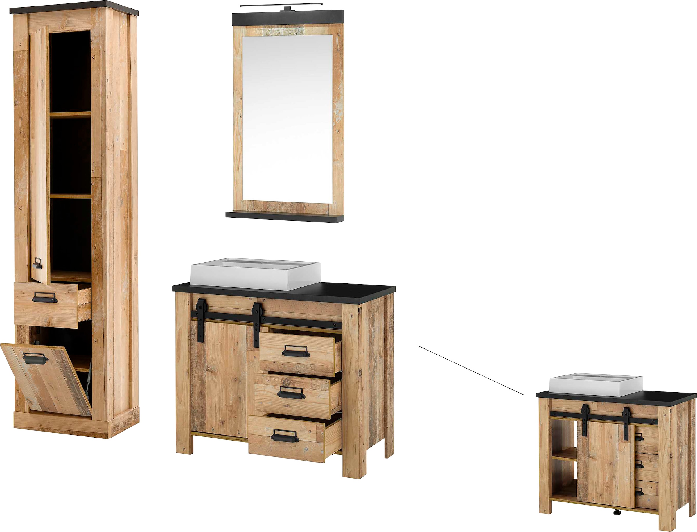 Home affaire Badmöbel-Set »SHERWOOD, Bad im modernen Design, 3-teiliges Badezimmer«, (3 St.), in 2 Farben verfügbar, Scheunentorbeschlag & Apothekergriff aus Metall