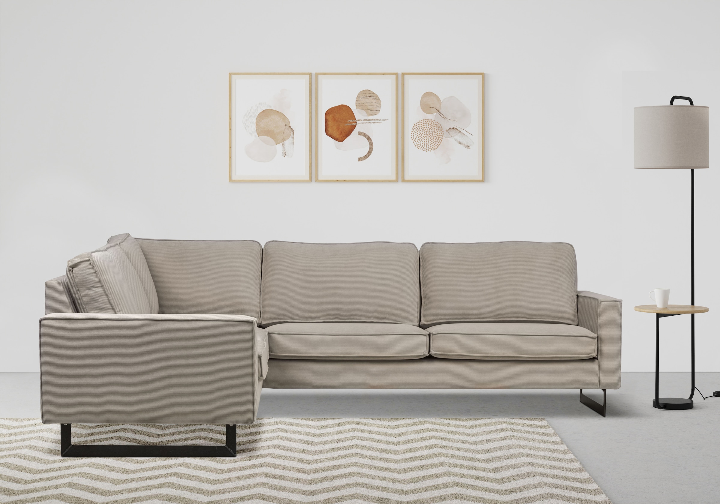 Places of Style Ecksofa »Pinto, XXL, 250/290 cm, langer Schenkel, Ottomane«, Cord, Chenille, Lederoptik, mit Keder, Metallfüße, Wellenunterfederung