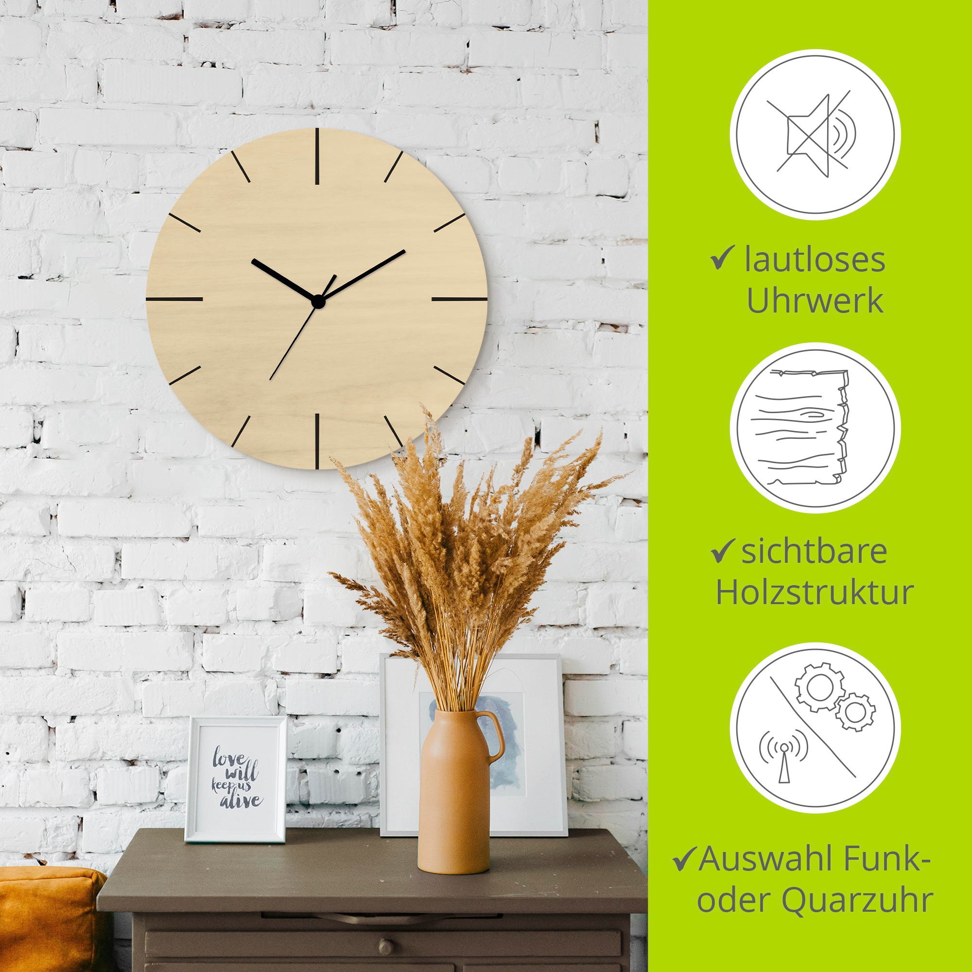 Artland Wanduhr »Zeitliche Schlichtheit« wahlweise mit Quarz- oder Funkuhrwerk, lautlos ohne Tickgeräusche