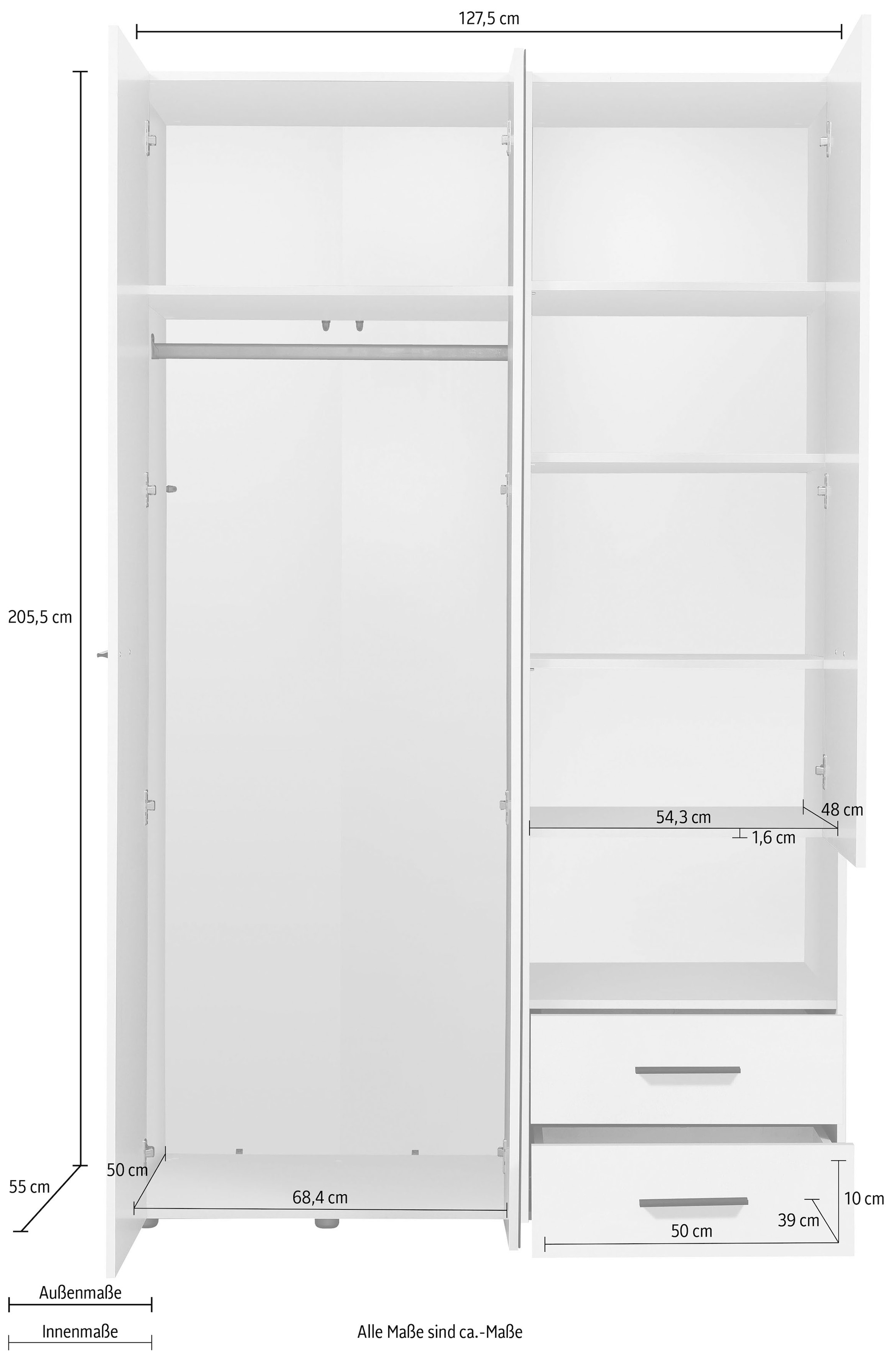 INOSIGN Kleiderschrank »Leon, FSC® -zertifiziertem Holzwerkstoff«, mit Spiegel, Innenausstattung und 2 Schubladen, 127,5x55x205,5cm