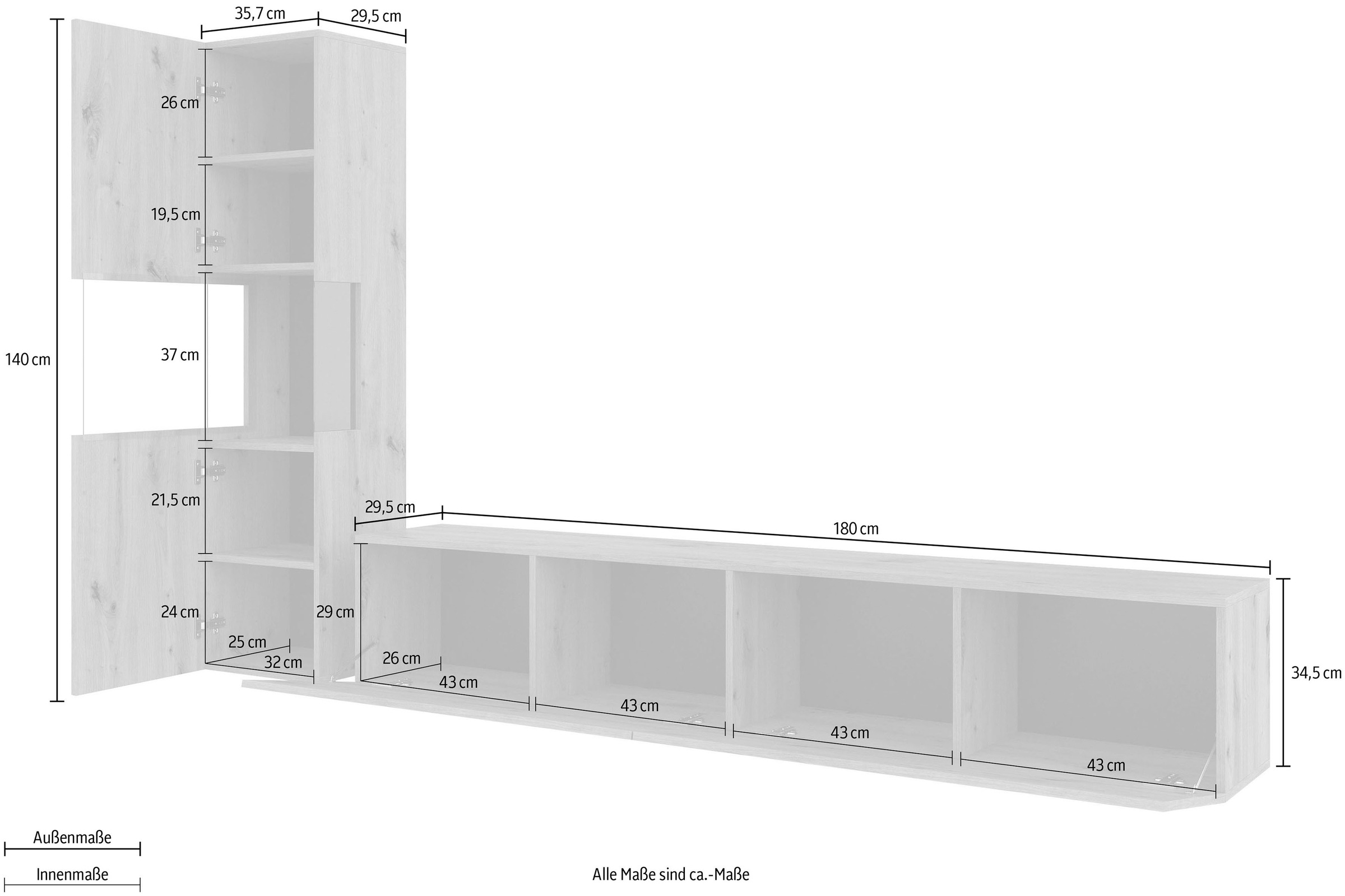 INOSIGN Wohnwand »Ava, Wohnzimmer-Set hängend/stehend montierbar, Vitrine, Lowboard«, 2-tlg.
