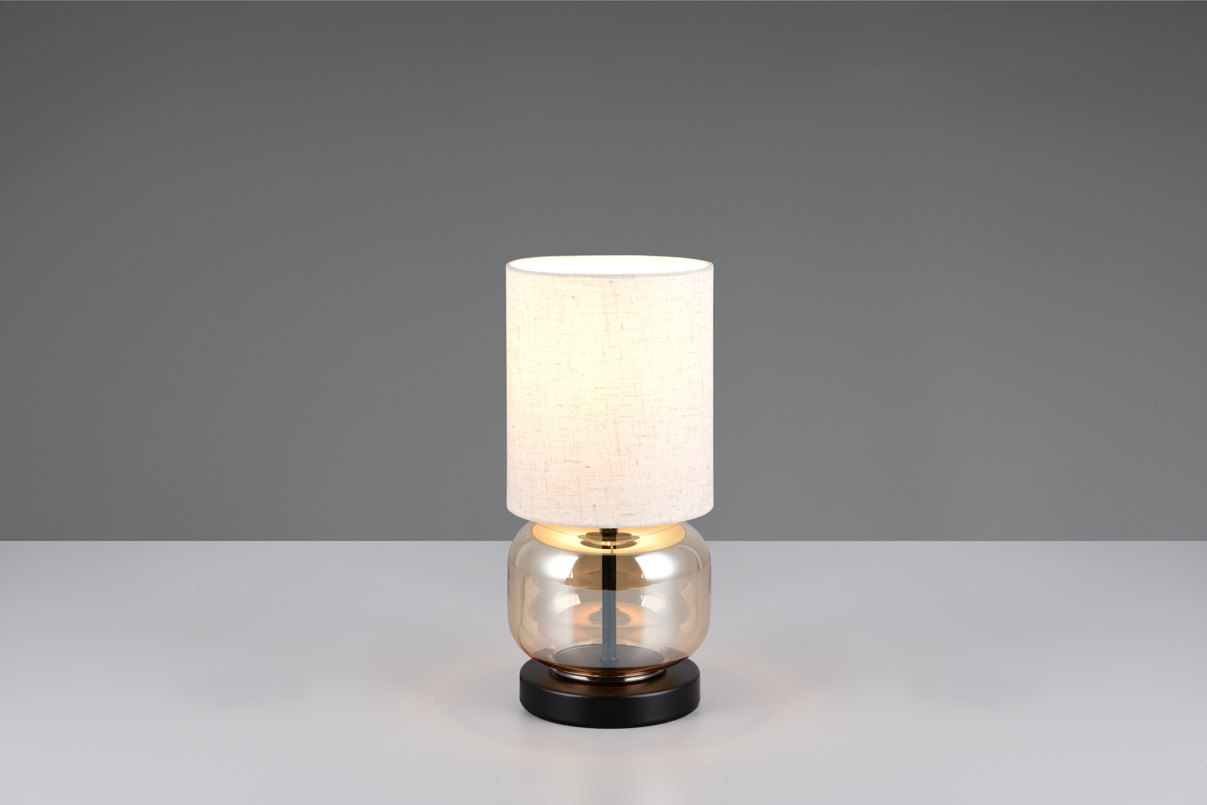 my home Tischlampe »Ulrichstein, Tischlampe mit Glas und Stoffschirm exkl 1x E27 max 40W«, 1 flammig, Leuchtmittel E27 | Leuchtmittel wechselbar, Nachttischlampe Tischleuchte m. Schnurschalter Glas amber Schirm beige