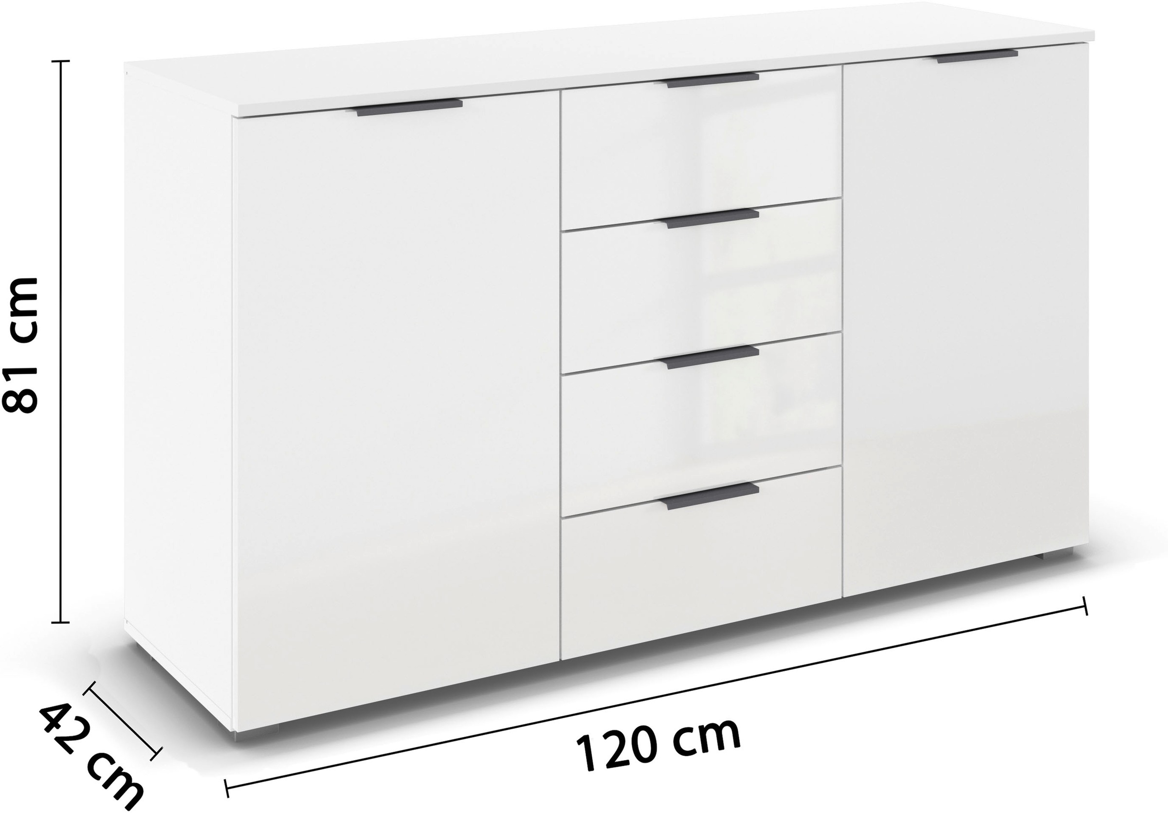 rauch Kombikommode »Sideboard Schubladenkommode AGORDO mit Dekor- oder Hochglanzfront«, (in zwei Griff-Farben, Breite 120 cm), vier große Schubladen, mit insgesamt 4 Einlegeböden MADE IN GERMANY