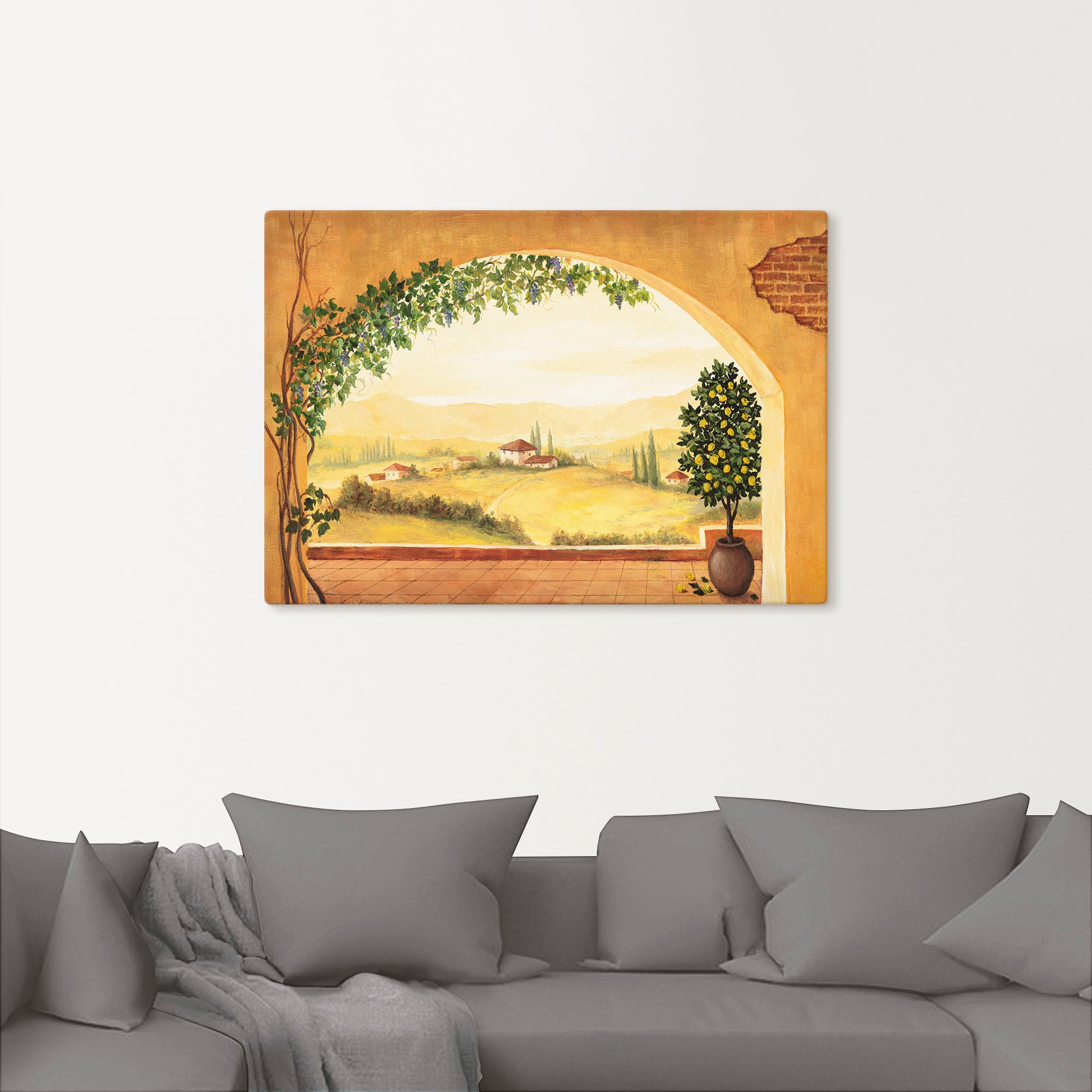 Artland Wandbild »Weinranken vor der Toskanalandschaft«, Fensterblick, (1 St.), als Leinwandbild, Poster in verschied. Größen