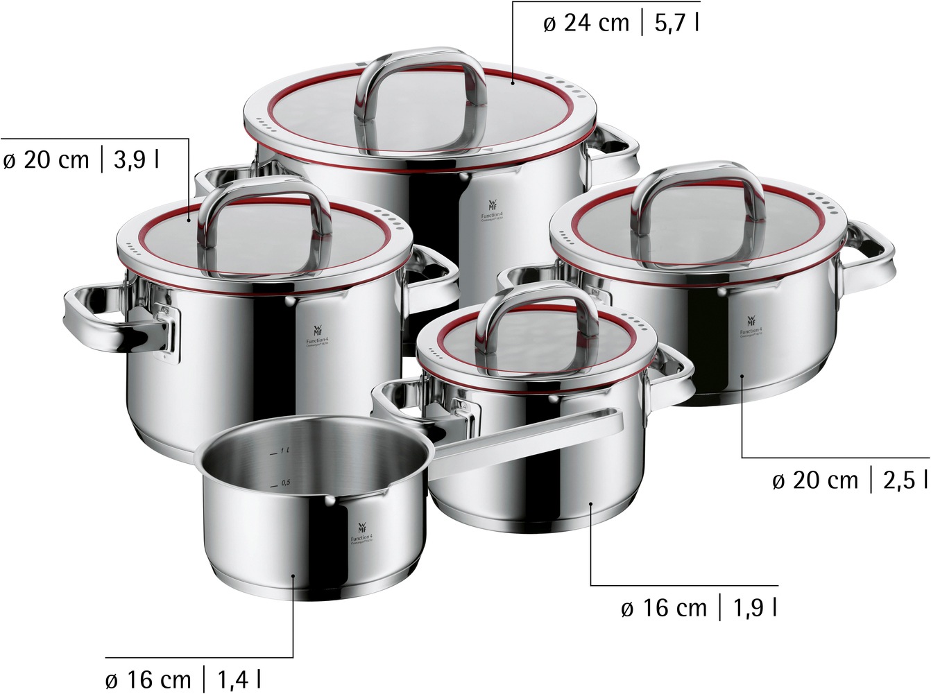 WMF Topf-Set »Function 4, Glasdeckel mit 4 Abgießfunktionen, poliert, unbeschichtet« 1x Bratentopf 20cm, 3x Fleischtopf 16/20/24cm, 1x Stielkasserolle 16cm,  Cromargan® Edelstahl Rostfrei 18/10