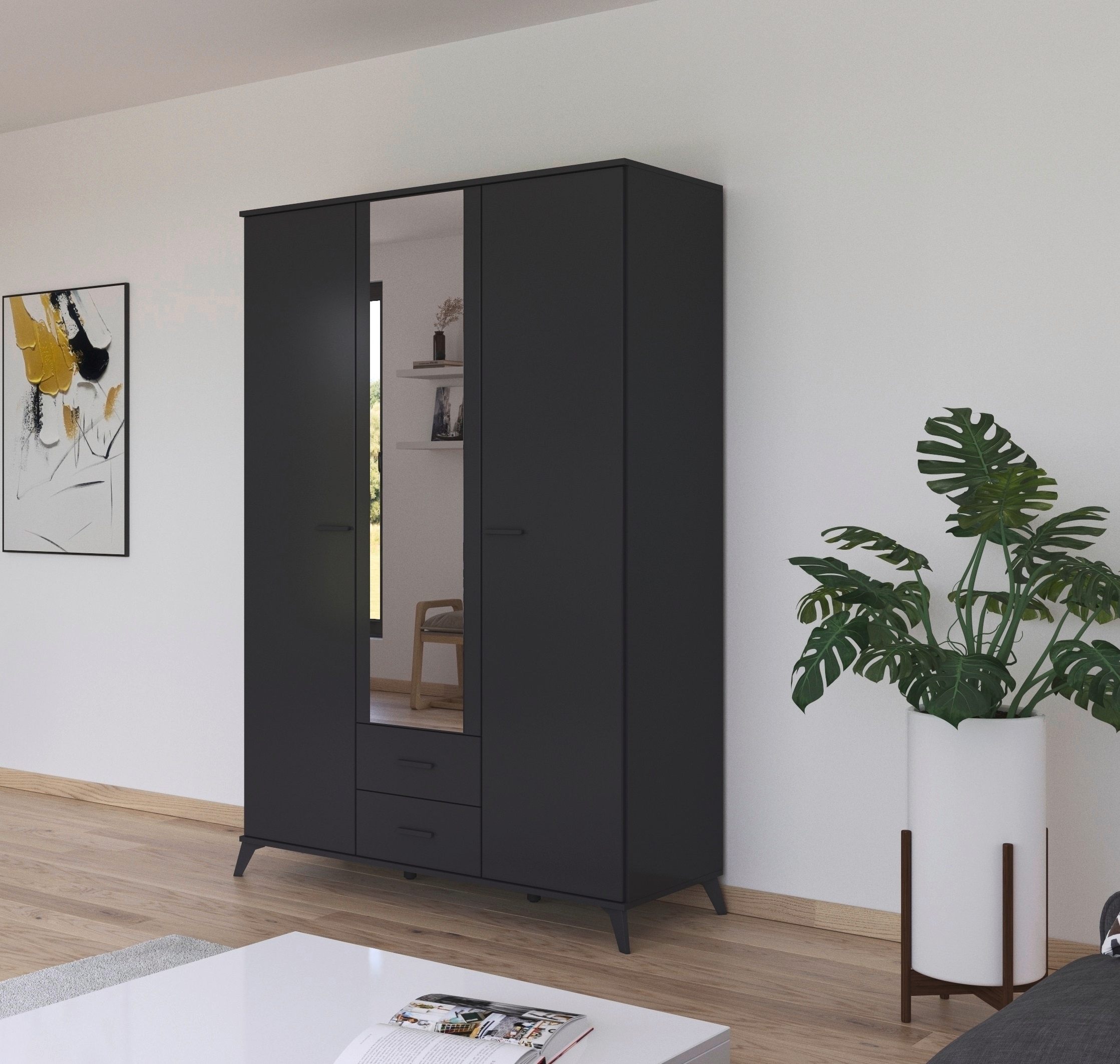 rauch Drehtürenschrank »Lucena«, mit schräg ausgestellten Füßen im Monochrom-Stil, mit Spiegel