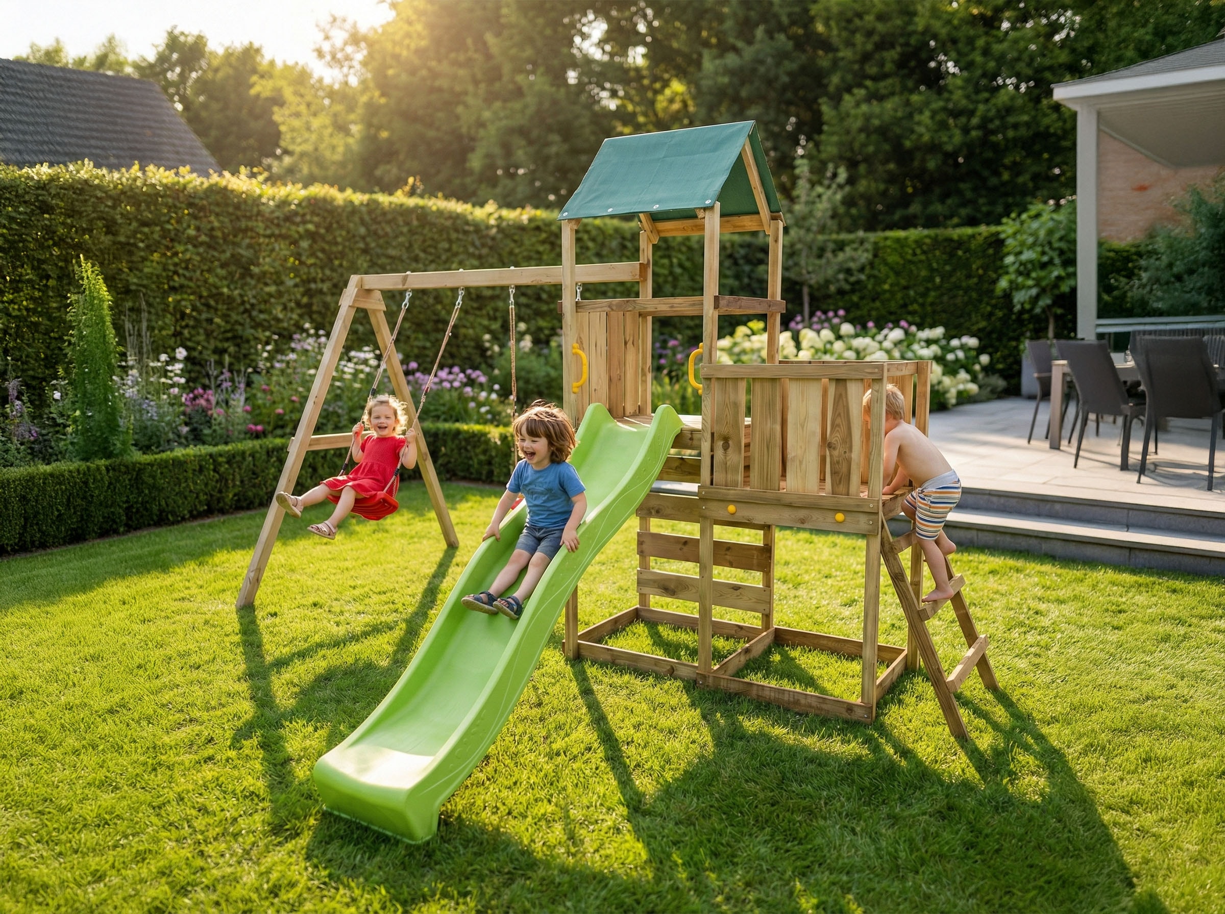 FUNGOO Spielturm »MaxPlay 3.1« mit Rutsche, Doppeldecker, Doppelschaukel und Kletterwand