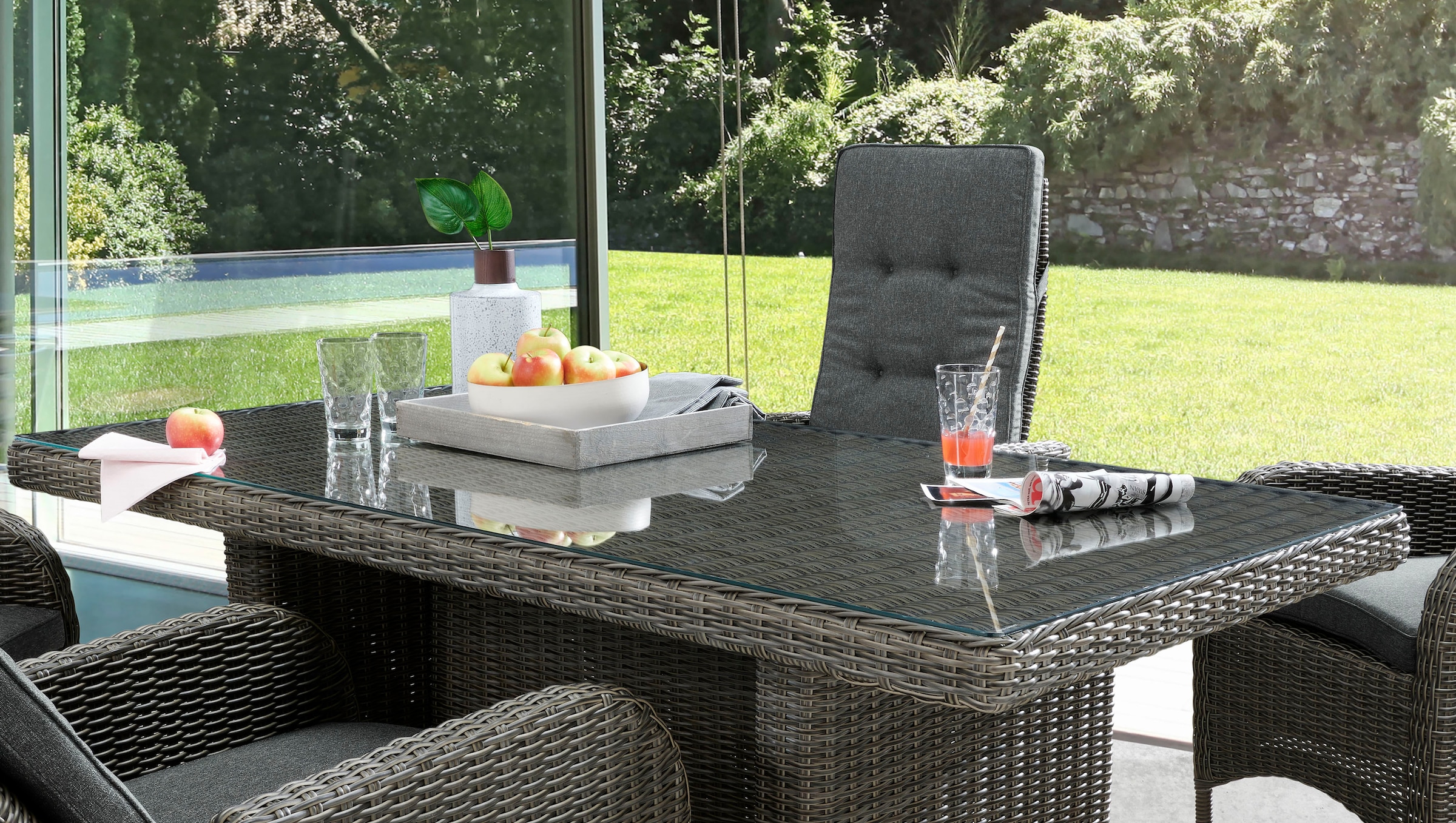 Destiny Garten-Essgruppe »PALMA LUNA«, (9 tlg., 4x Hochlehner, 1x Tisch, inkl. Auflagen), Aluminium, Polyrattan