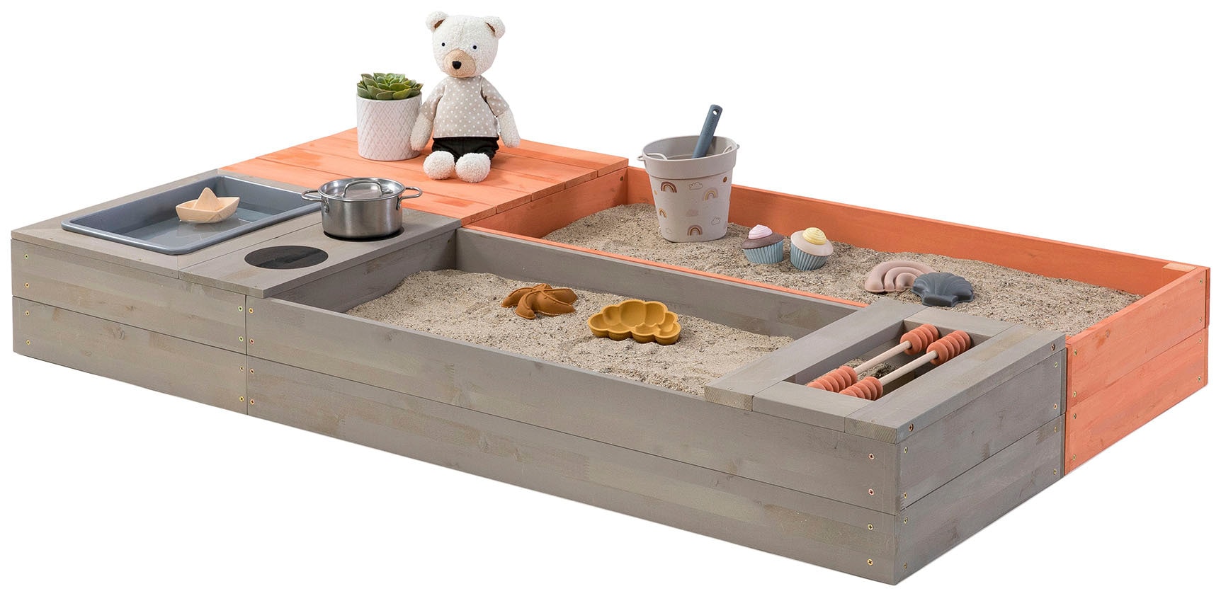 MUDDY BUDDY® Sandkasten »Flexy Style«, (inkl. Sandkastenvlies), warmgrau - lachs, Holzschutz vorbehandelt