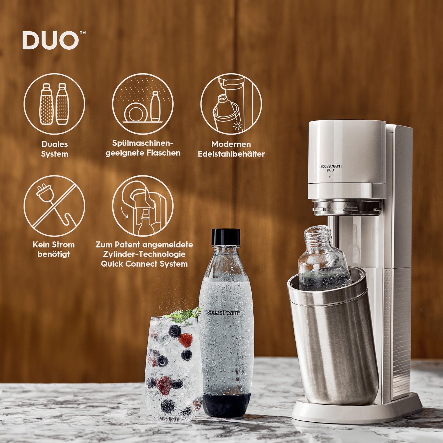 SodaStream Wassersprudler »DUO«, (Set, 4 tlg.), CO2-Zylinder, 1L Glasflasche, 1L spülmaschinenfeste Kunststoff-Flasche
