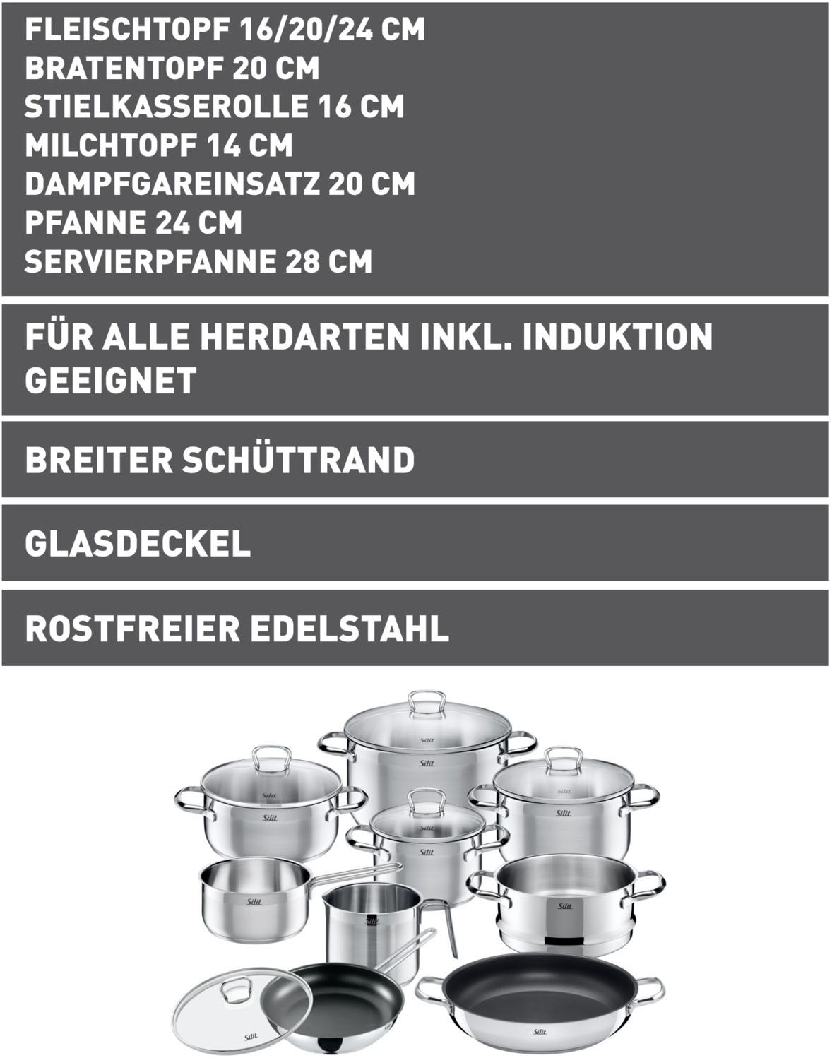 Silit Topf-Set »Toskana«, Edelstahl 18/10, (Set, 14 tlg., mit Milchtopf und Dampfgareinsatz), Silitherm-Allherdboden, induktionsgeeignet, spülmaschinengeeignet