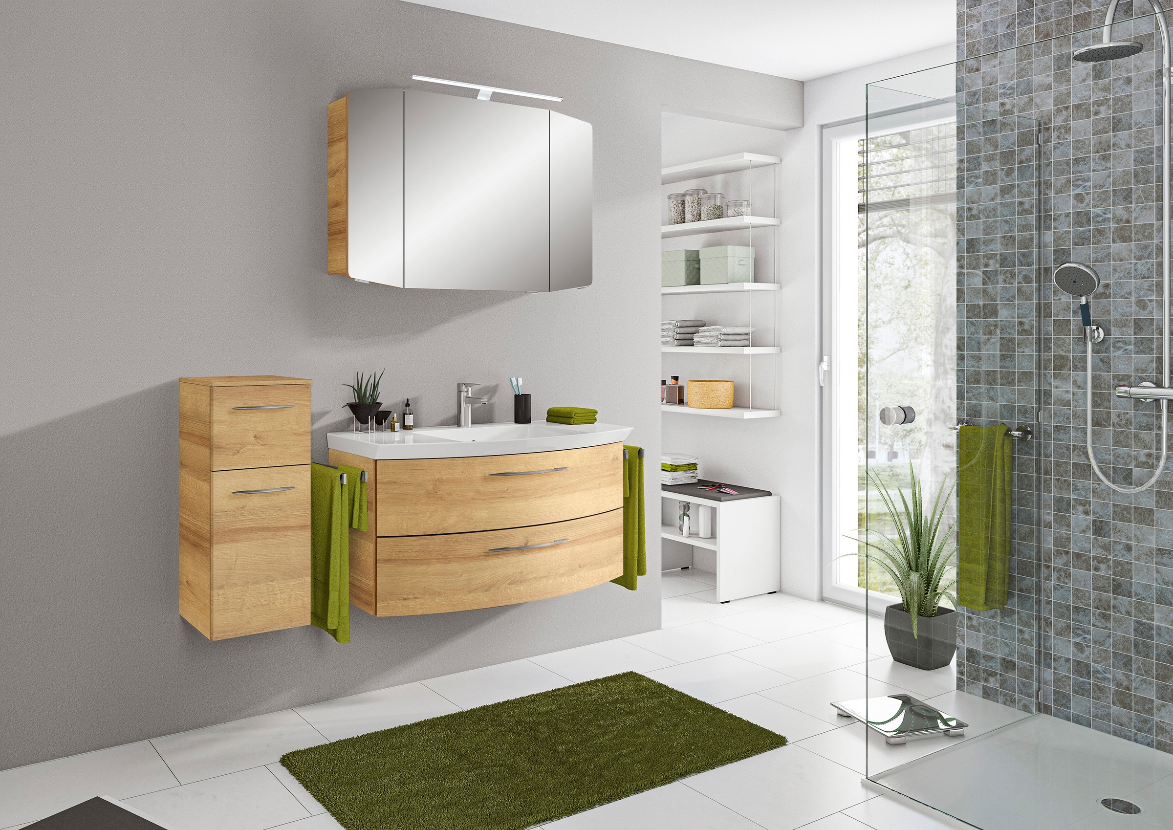 Saphir Badmöbel-Set »Cassca Sprint 3-teilig Mineralmarmor-Waschtisch mit LED-Spiegelschrank«, (4 St.), mit Unterschrank, 4 Türen, 3 Schubladen, inkl. Türdämpfer