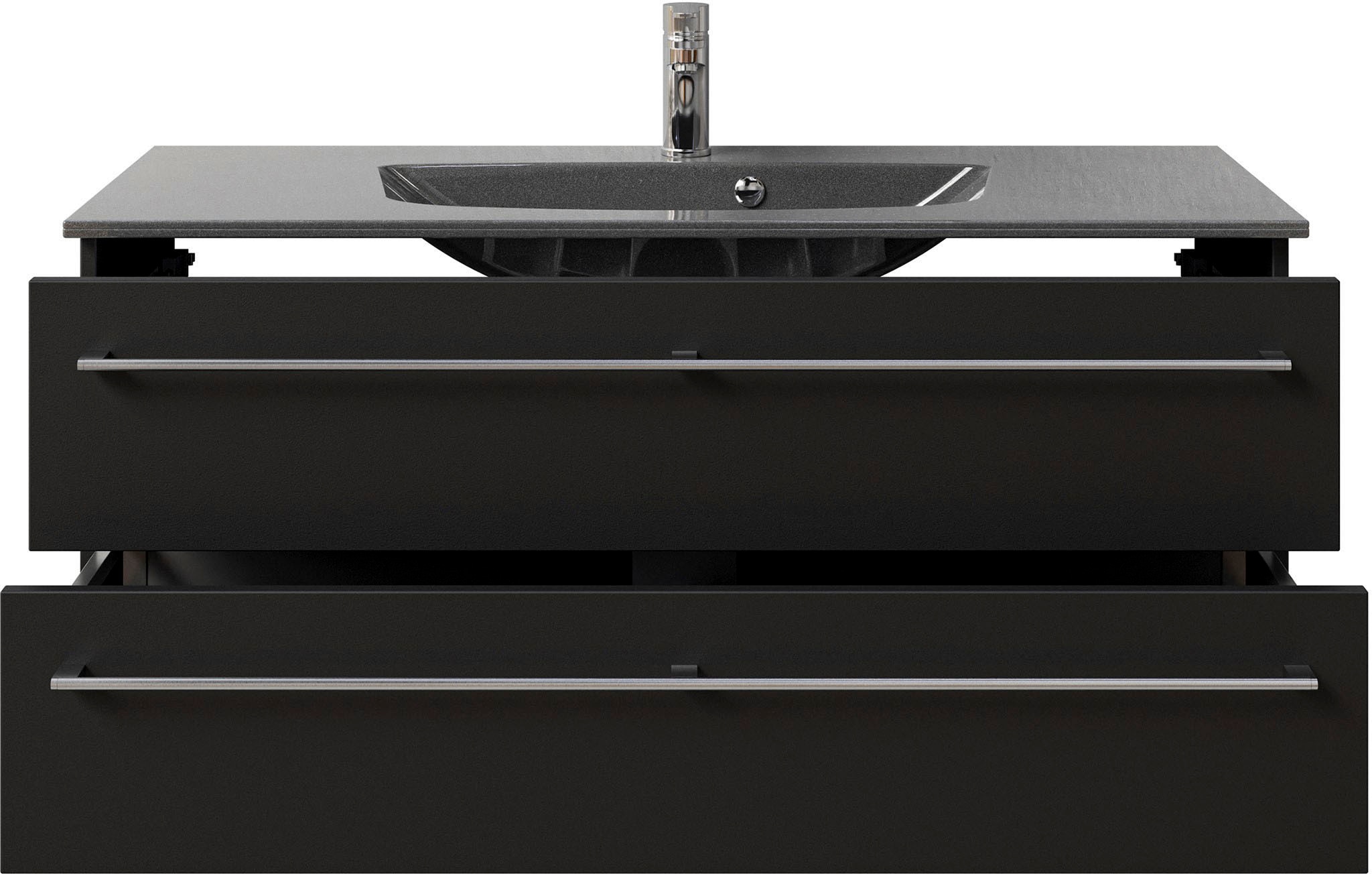 Saphir Badmöbel-Set »Serie 6025 2-teilig Mineralmarmor-Waschtisch mit LED-Spiegelschrank«, (2 St.), Waschplatz 117cm breit, 2 Schubladen, 3 Spiegel-Türen, inkl Türdämpfer