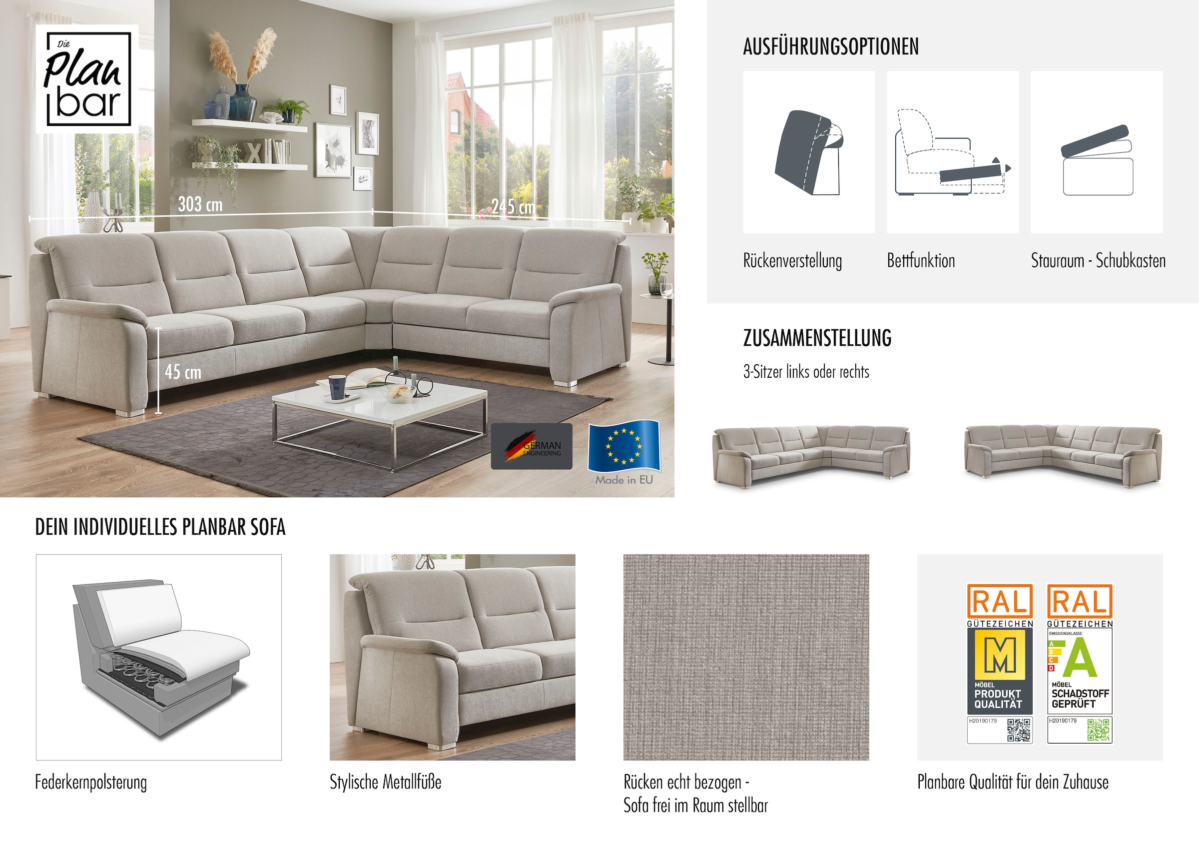 Die PlanBar Ecksofa »PP-HS10002« wahlweise mit Kopfteilverstellung, Bettfunktion und Stauraum