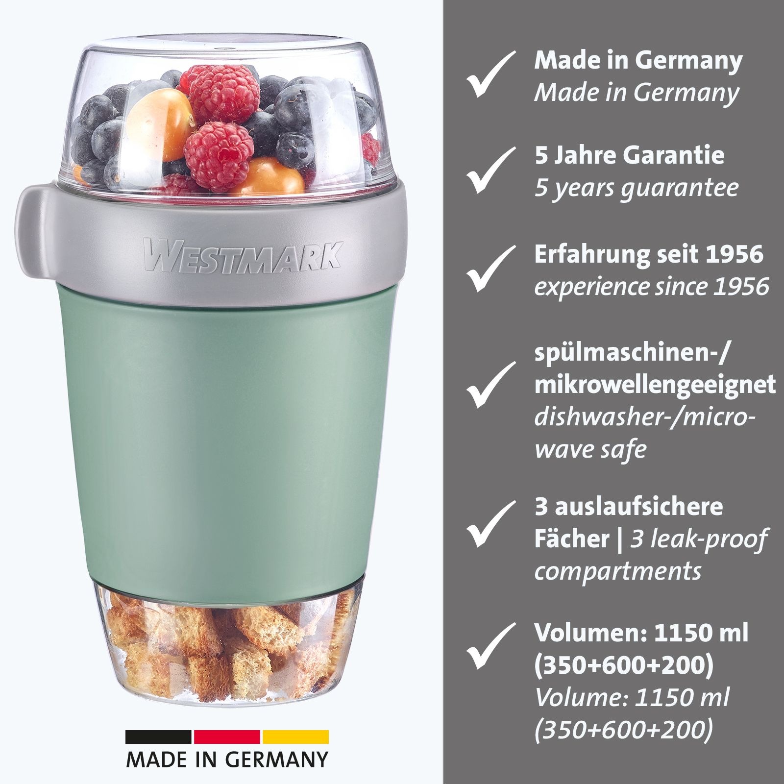 WESTMARK Mehrwegbecher, (1 tlg.), Müsli-, Lunchbehälter, To Go, 200 + 600 + 350 ml, Made in Germany