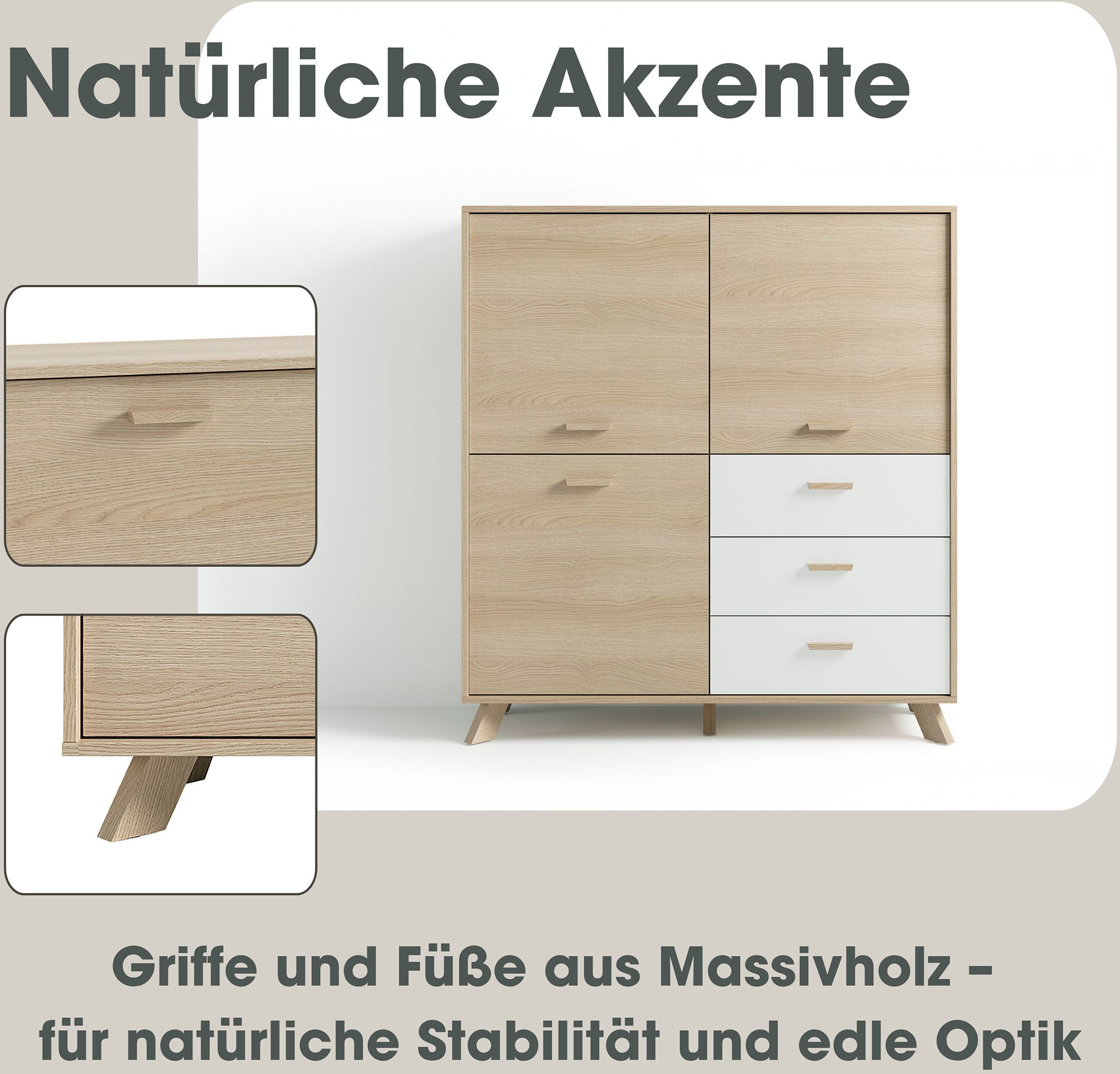 byLIVING Highboard »Bastian« 1 Stk. tlg. mit massiven Holzfüßen und Griffen, natürlicher Eichenlook, 120cm